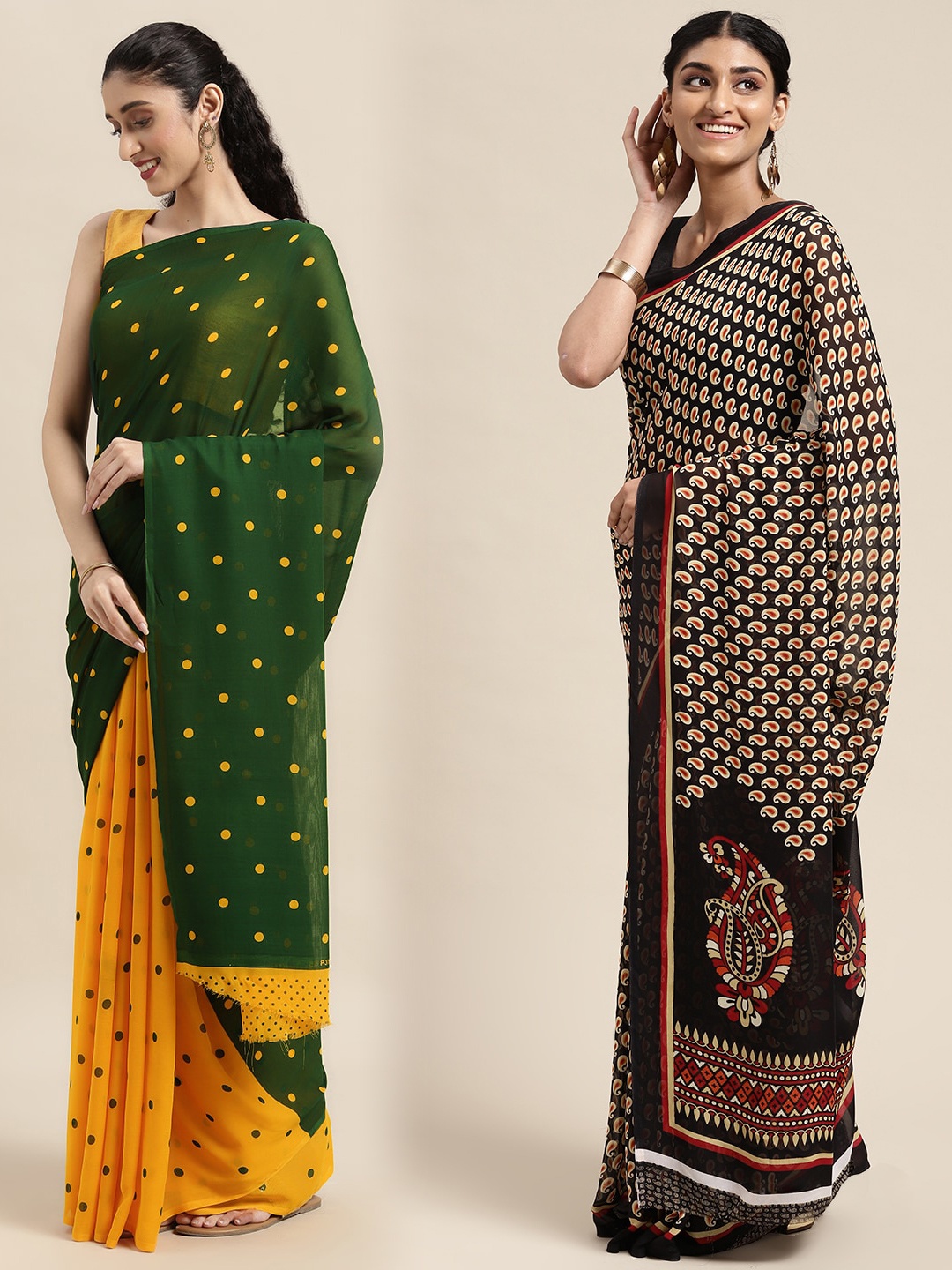 

KALINI Pack of 2 Polka Dots Printed Saree, Green