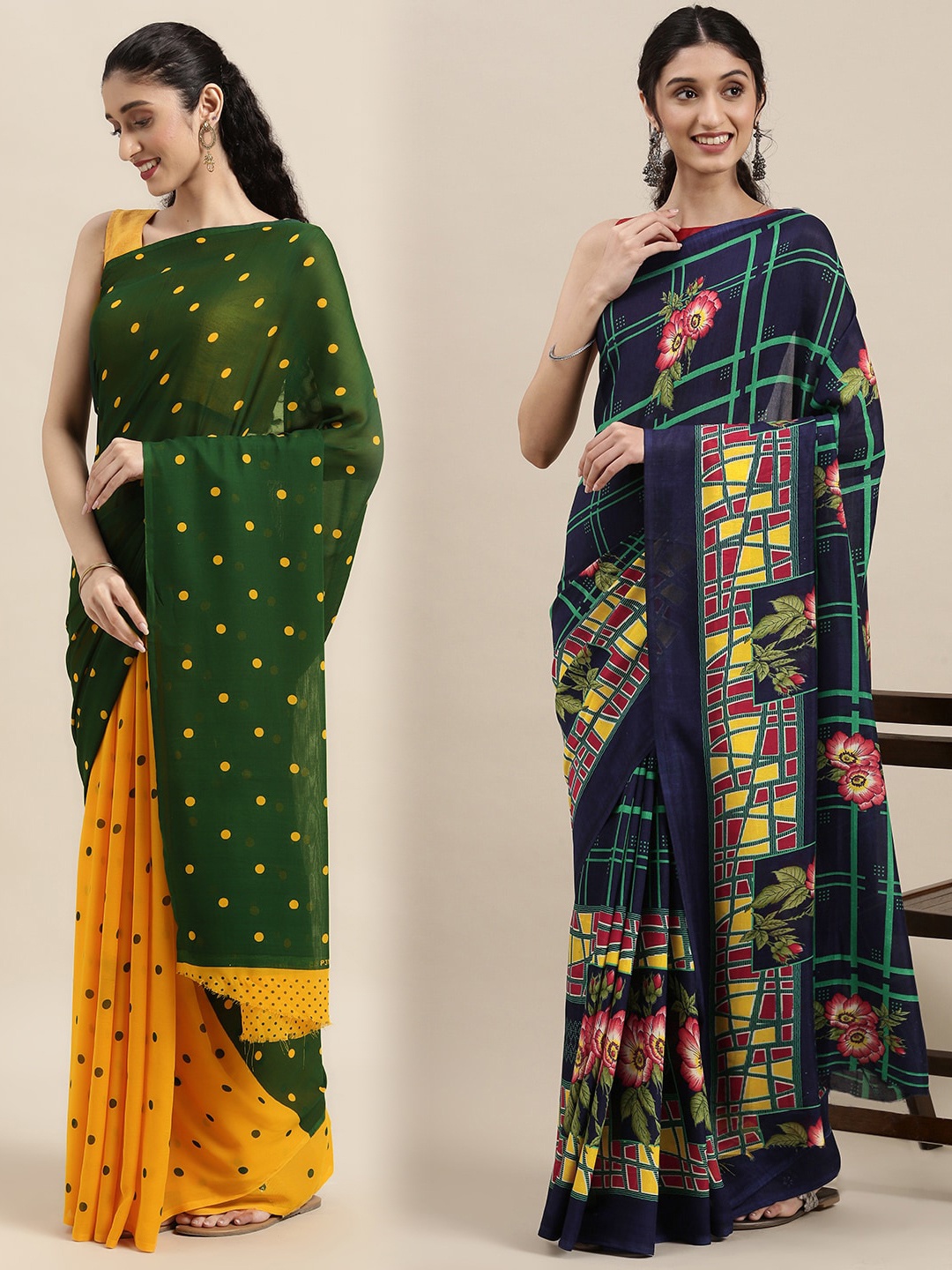 

KALINI Pack Of 2 Green & Yellow Polka Dots Saree