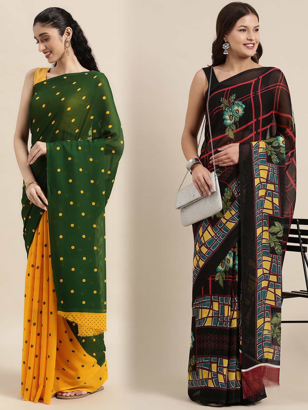 

KALINI Women Pack Of 2 Printed Sarees, Green