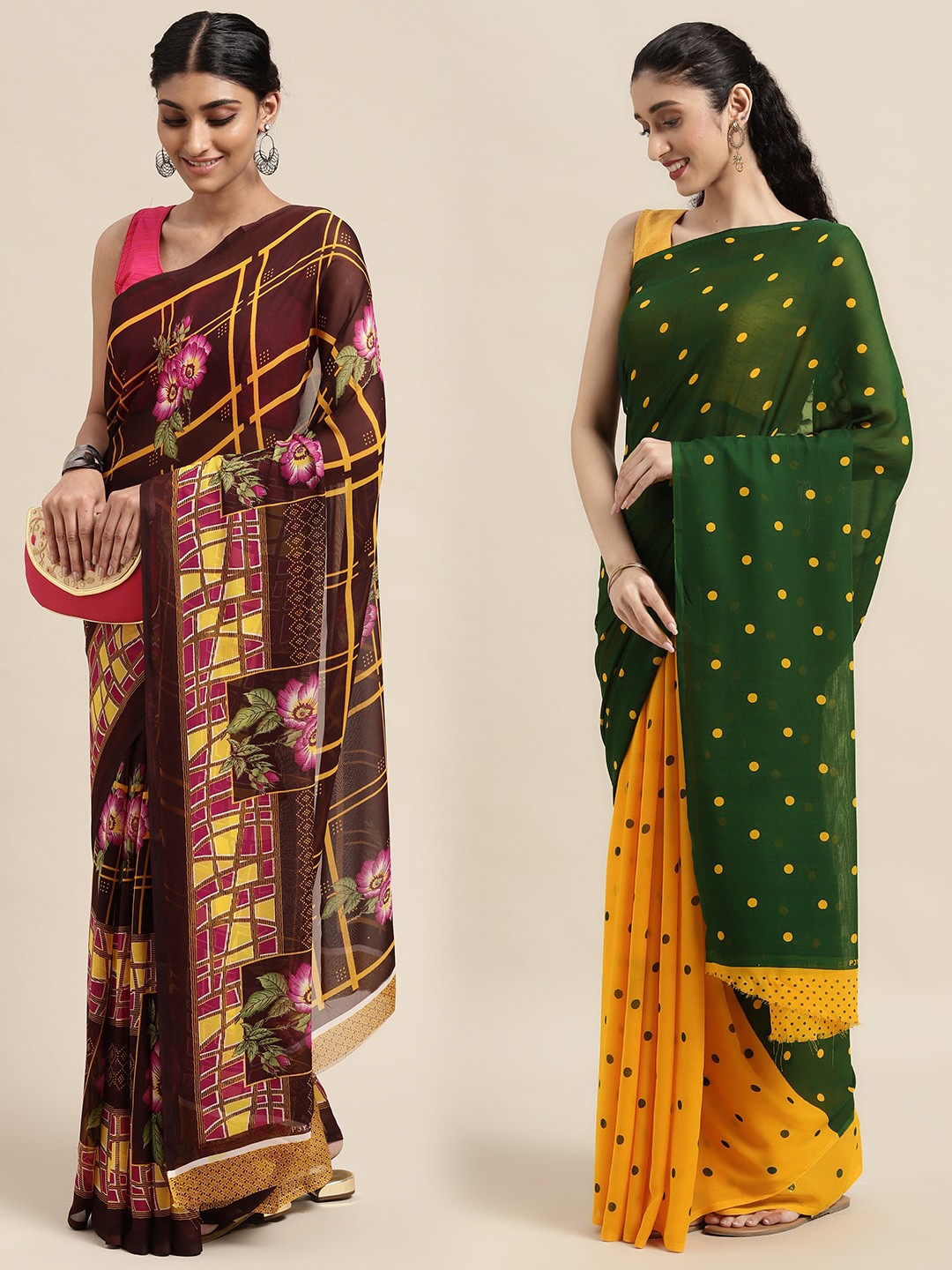 

KALINI Pack of 2 Printed Sarees, Brown