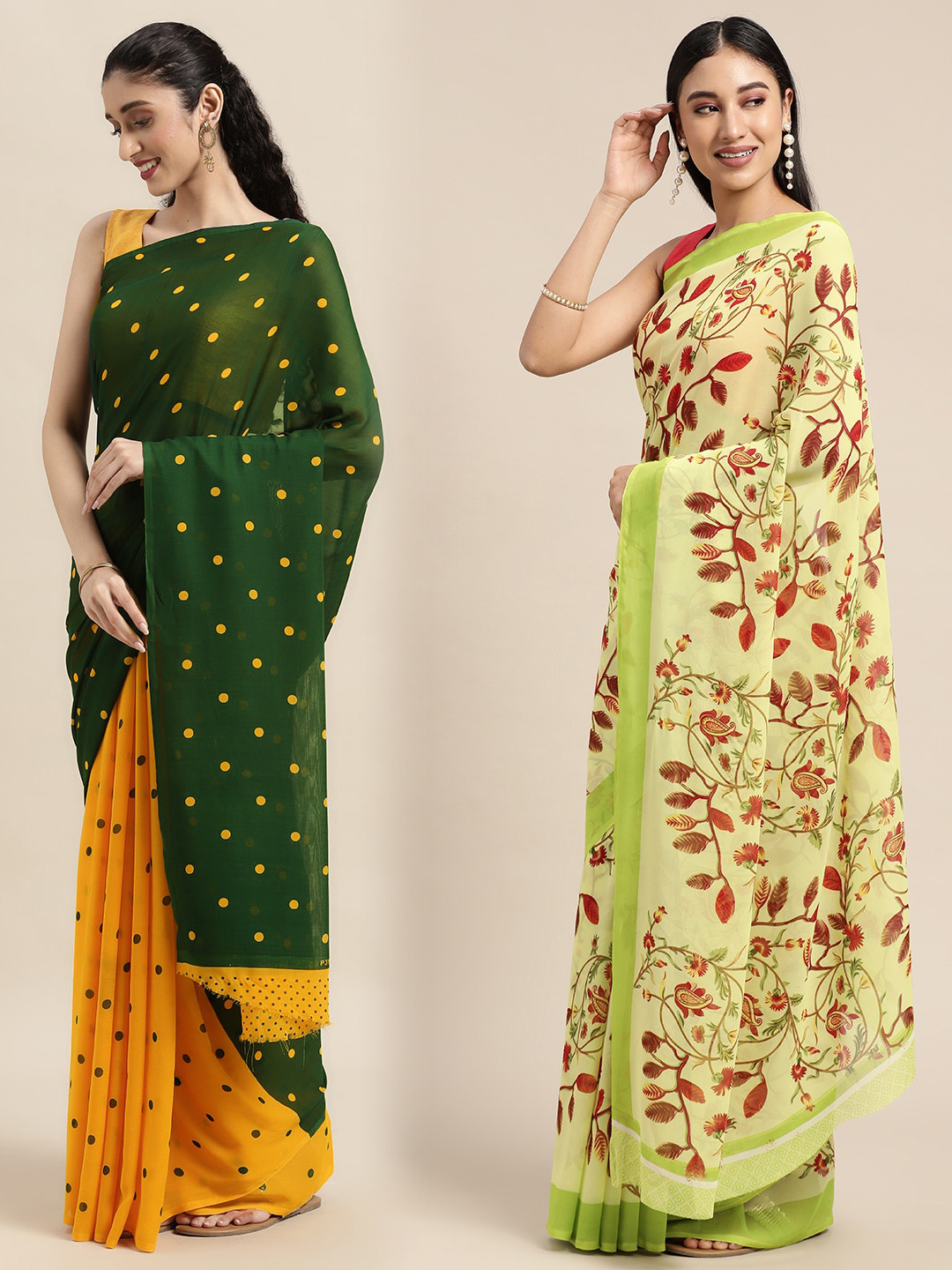 

KALINI Pack Of 2 Green & Yellow Polka Dots Saree
