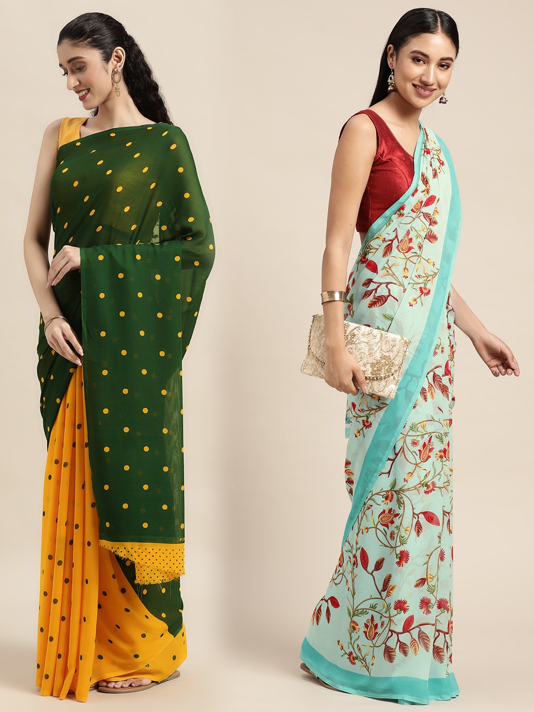 

KALINI Women Pack Of 2 Printed Sarees, Green