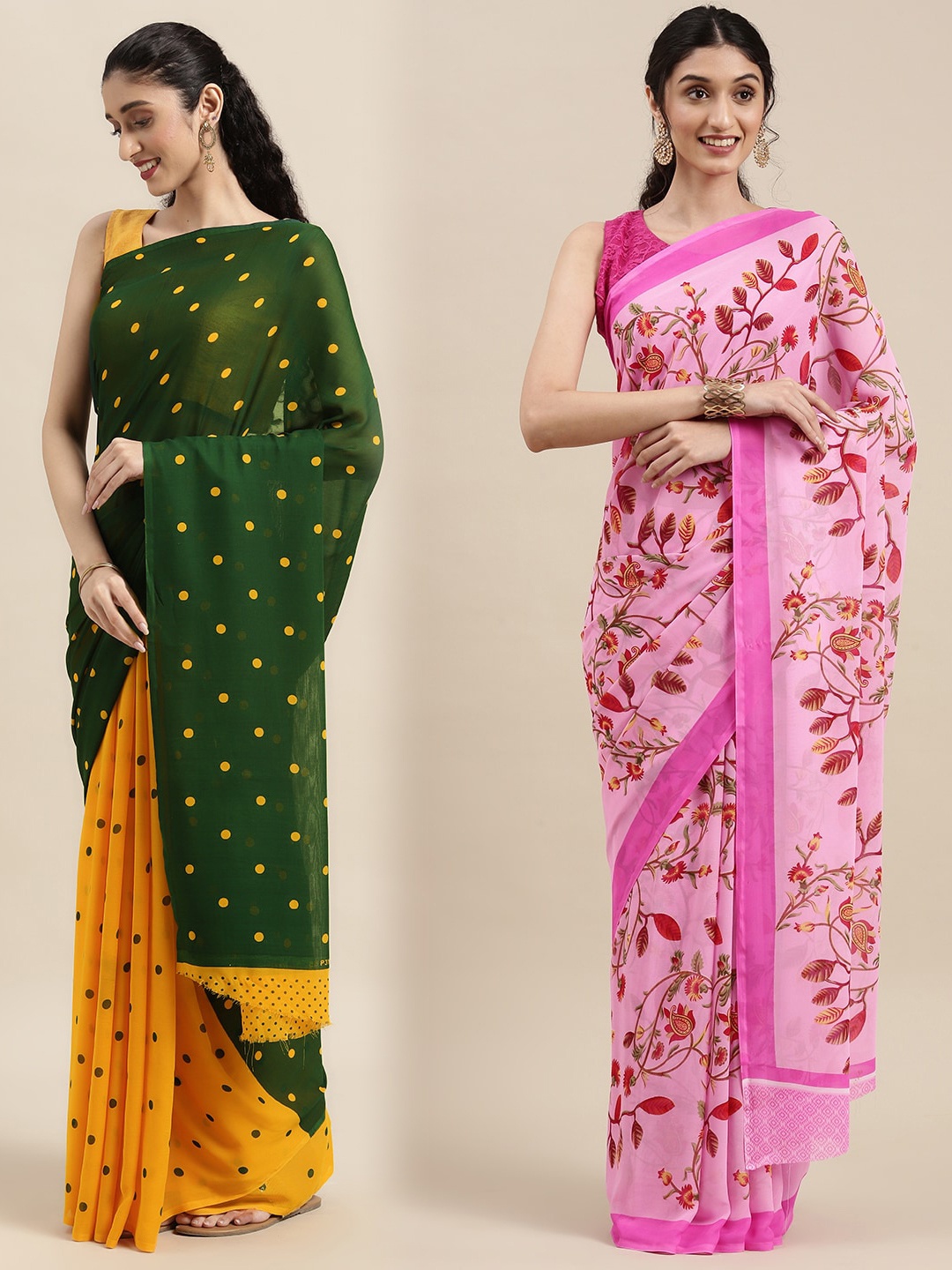 

KALINI Pack of 2 Printed Sarees, Green