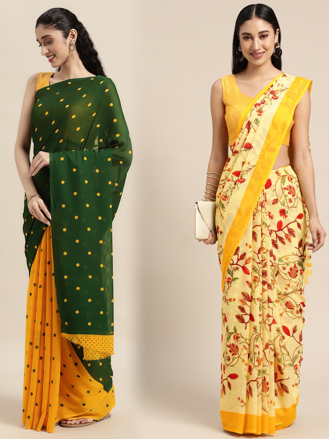 

KALINI Pack of 2 Polka Dots Printed Saree, Green