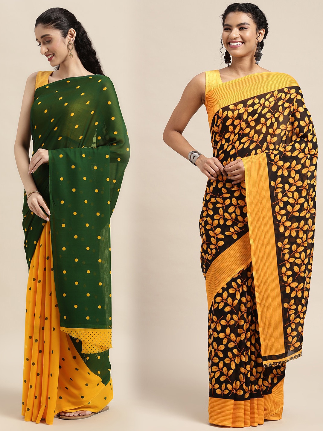 

KALINI Pack Of 2 Green & Yellow Polka Dots Saree