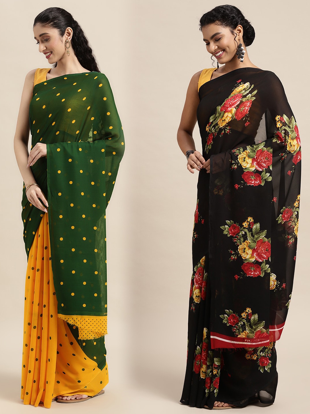 

KALINI Pack of 2 Printed Sarees, Green