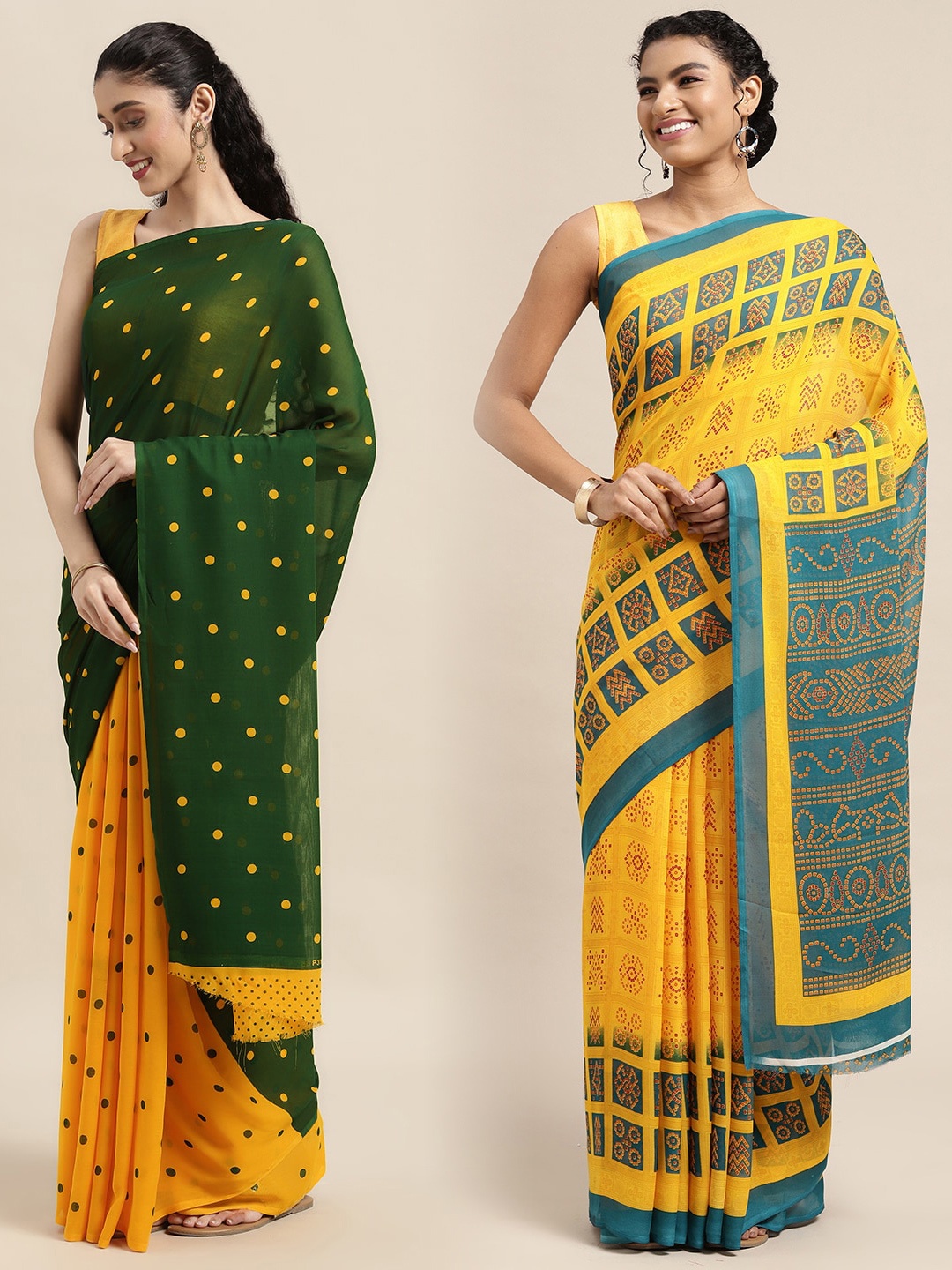 

KALINI Pack Of 2 Green & Yellow Polka Dots Saree
