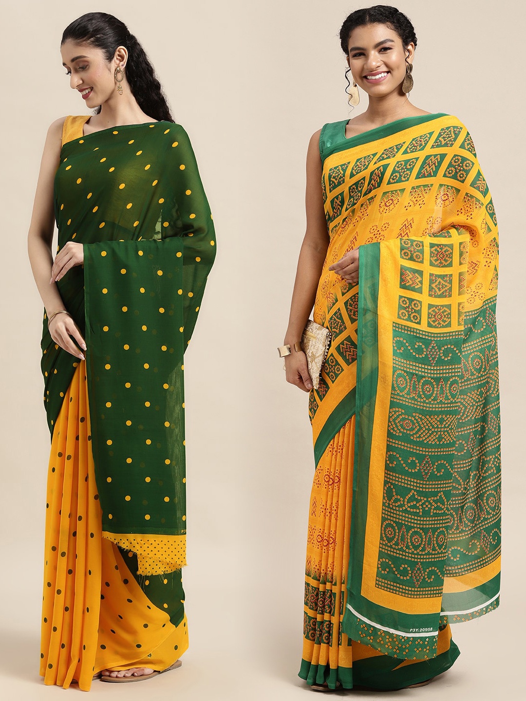 

KALINI Pack of 2 Printed Sarees, Green