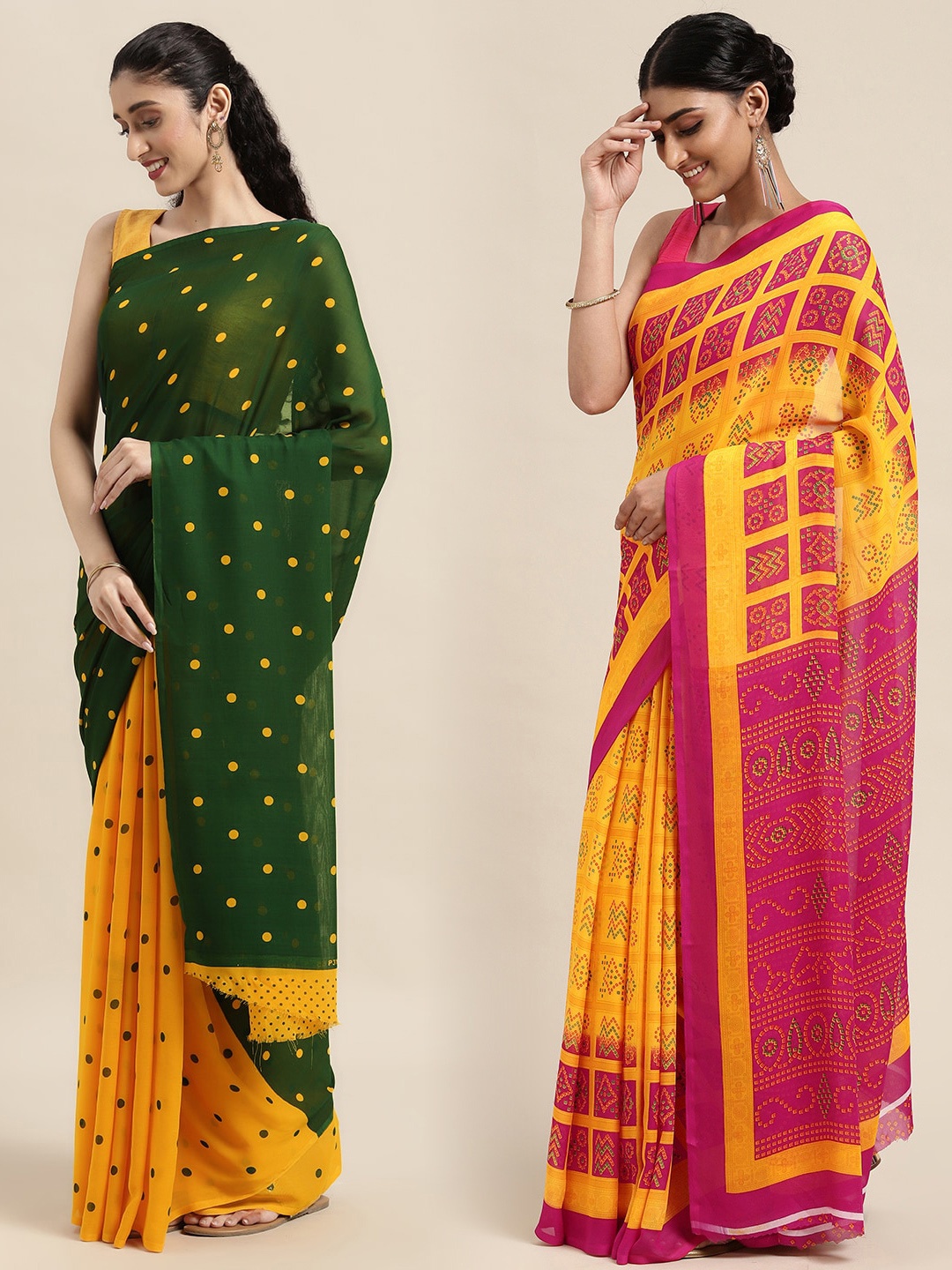 

KALINI Pack of 2 Polka Dots Printed Saree, Green