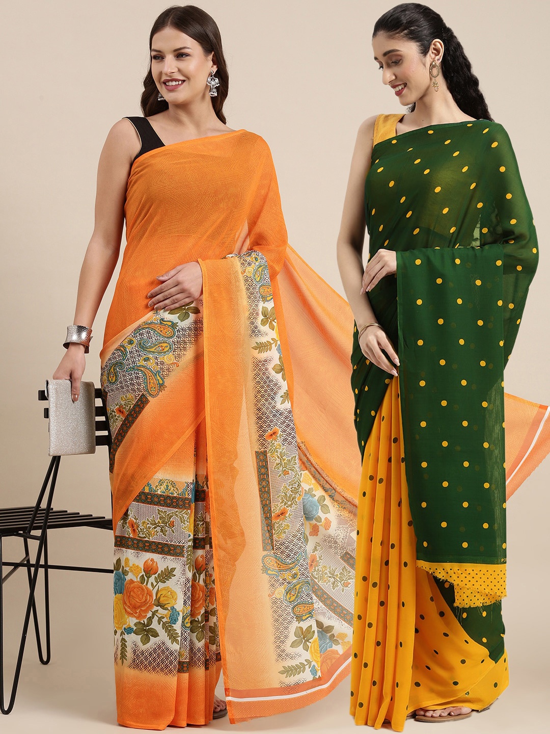 

KALINI Pack Of 2 Orange & Green Floral Saree