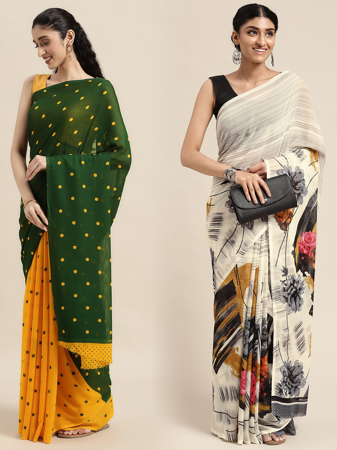 

KALINI Pack Of 2 Green & Yellow Polka Dots Saree