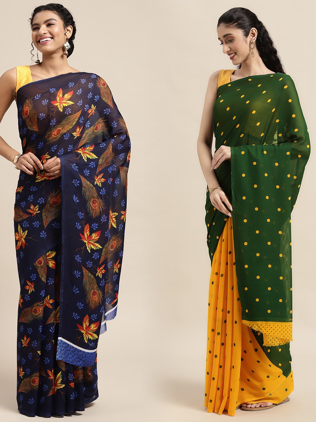 

KALINI Pack of 2 Printed Sarees, Navy blue