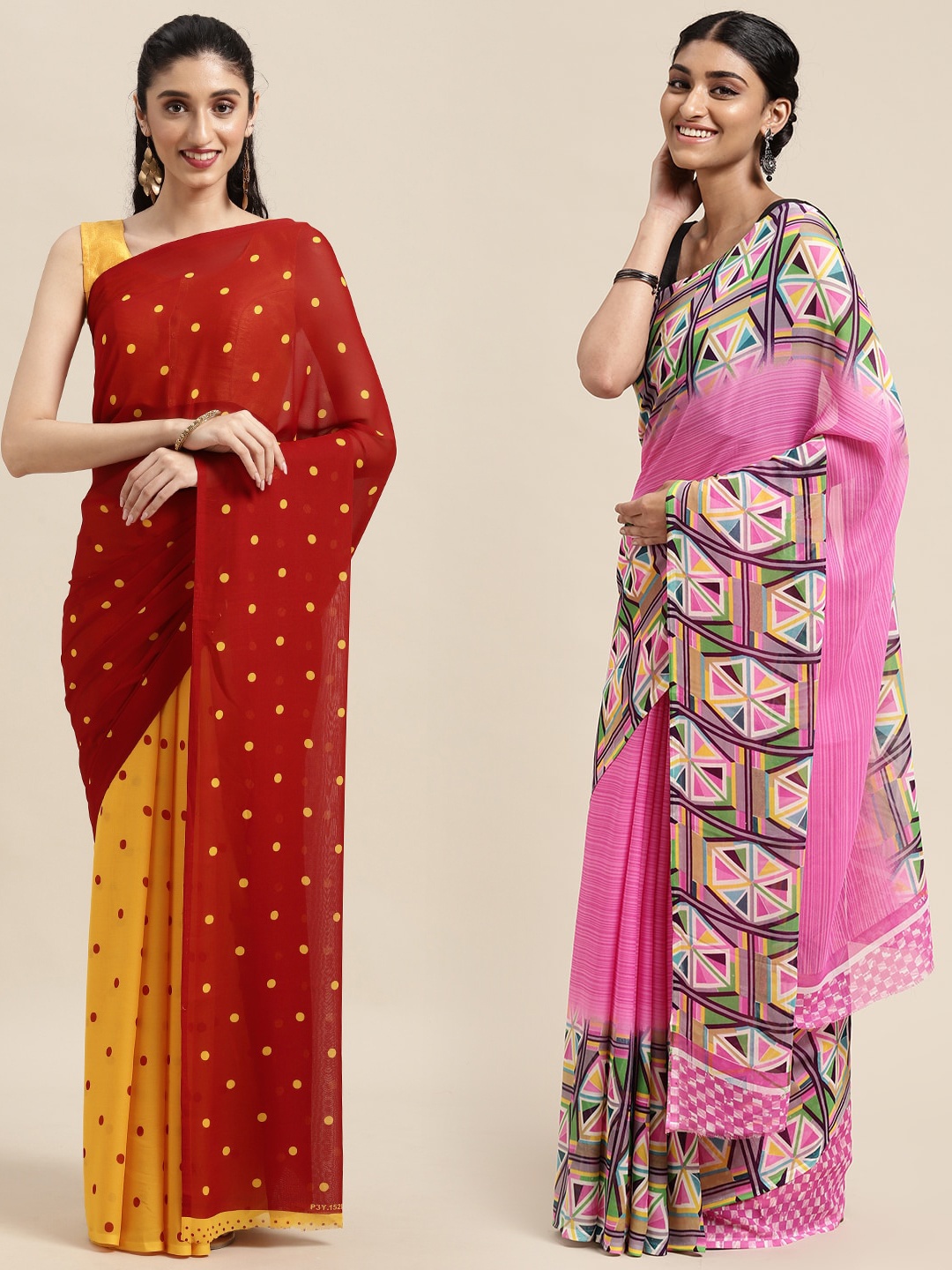 

KALINI Pack of 2 Printed Sarees, Red