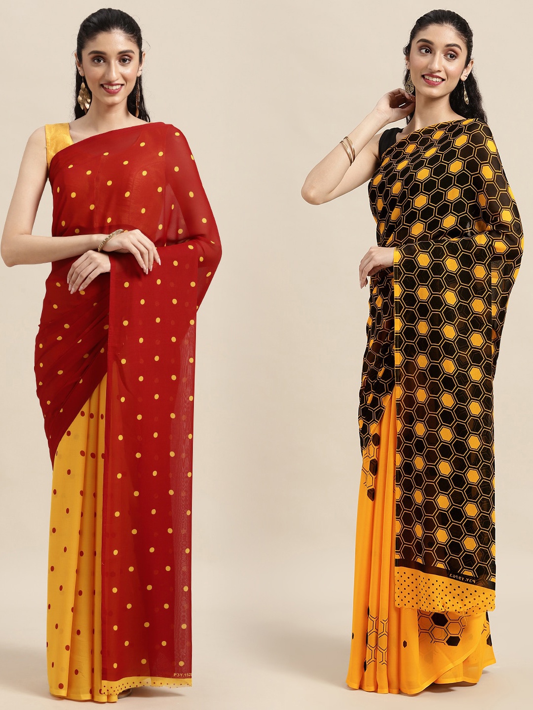 

KALINI Pack Of 2 Red & Yellow Polka Dots Saree