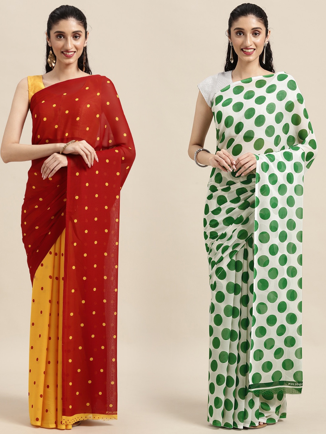 

KALINI Pack of 2 Polka Dots Printed Saree, Red