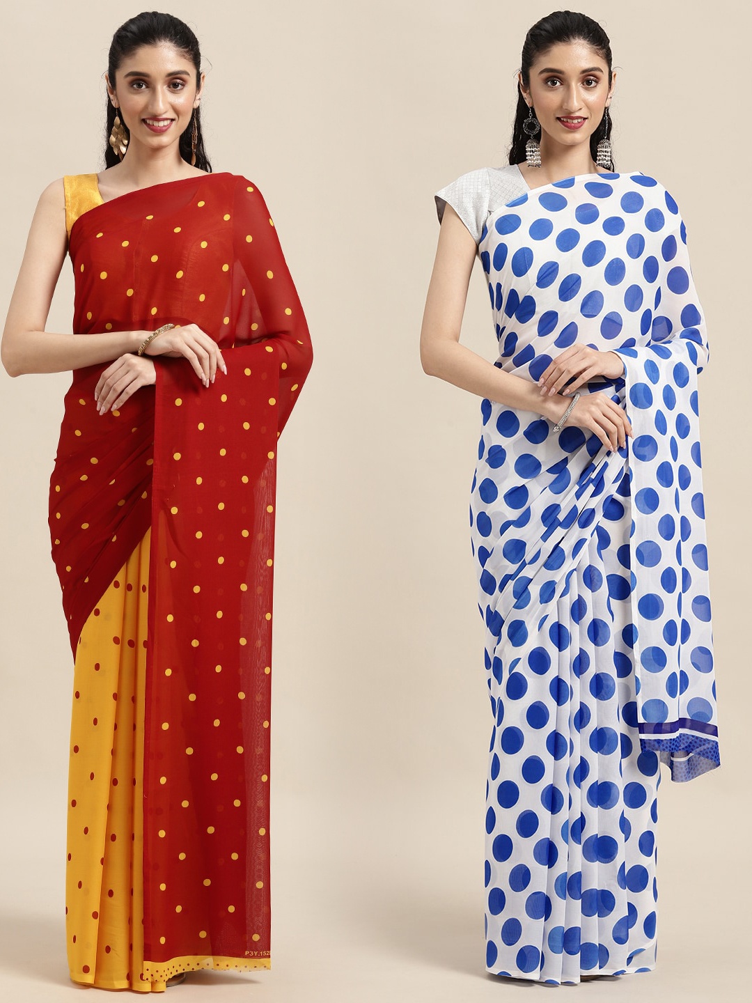 

KALINI Pack Of 2 Red & Yellow Polka Dots Saree