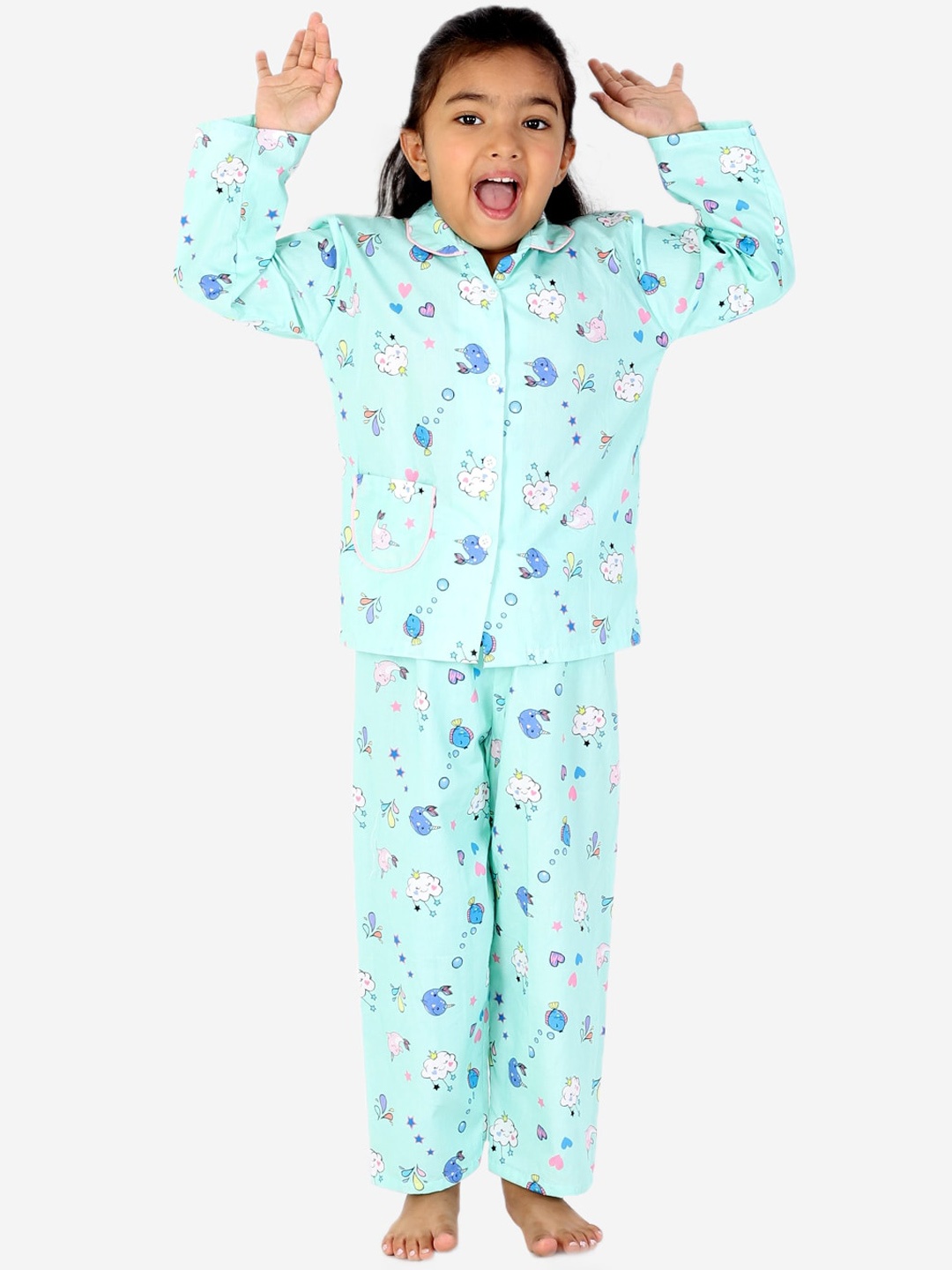 

KID1 Girls Green & Green Printed Night suit