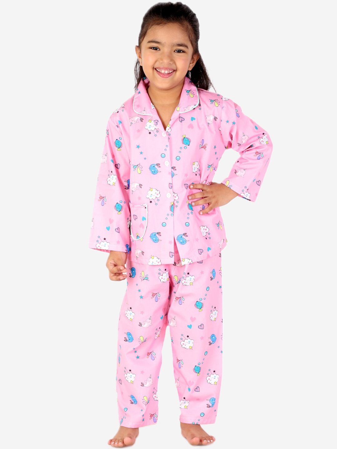 

KID1 Girls Pink & Blue Printed Pure Cotton Night suit