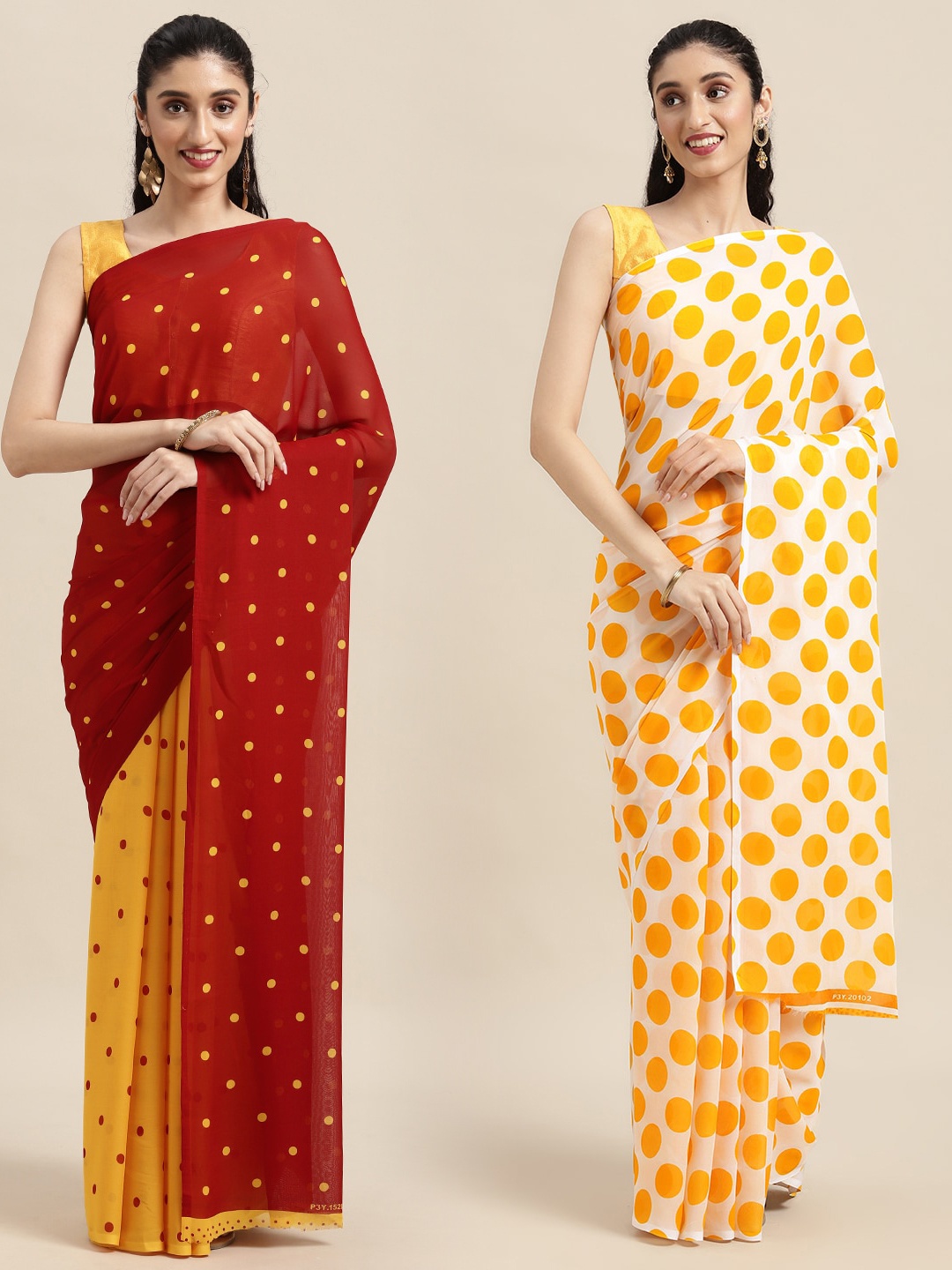 

KALINI Pack of 2 Polka Dots Printed Saree, Red