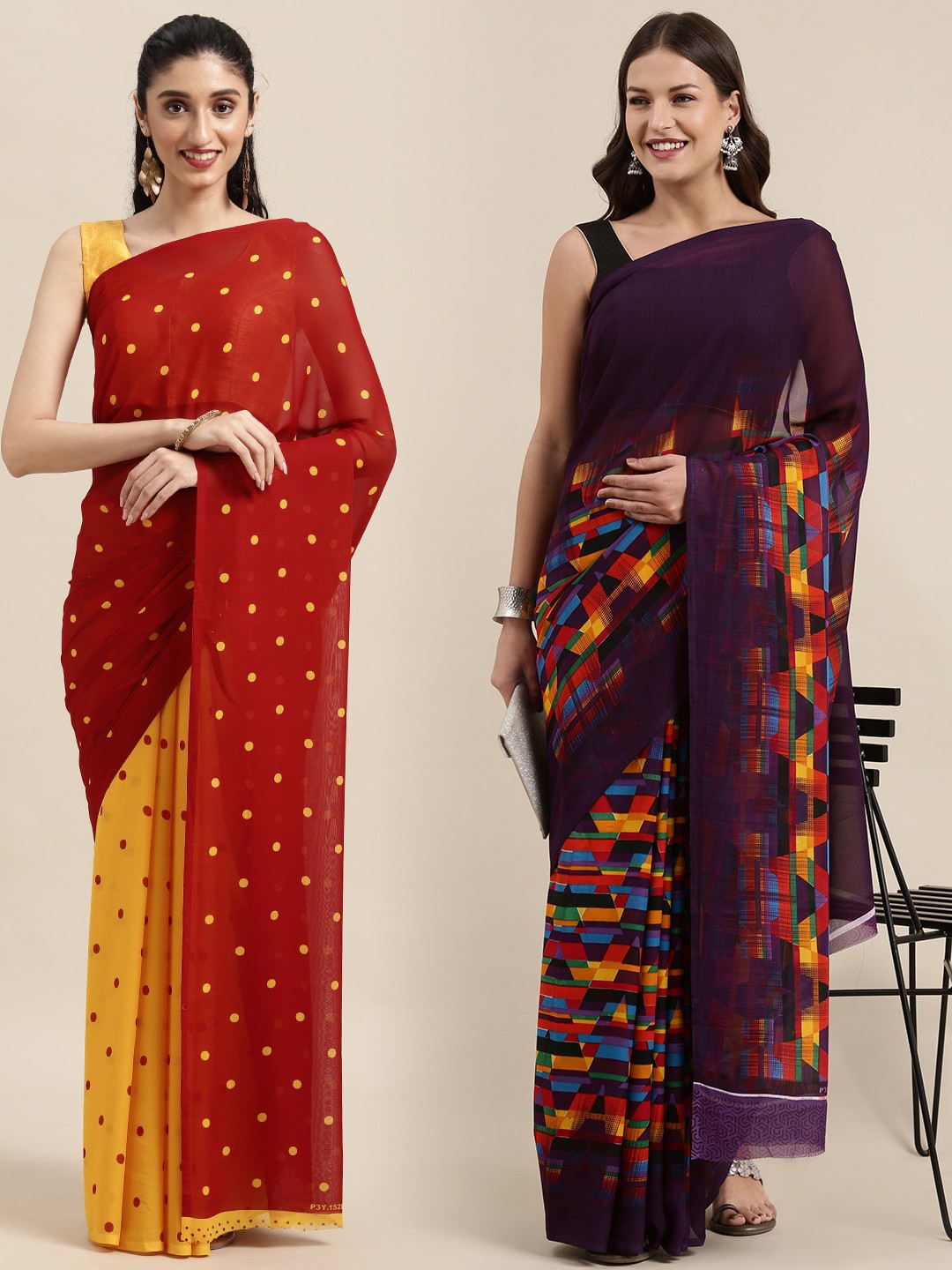 

KALINI Pack of 2 Polka Dots Printed Saree, Red