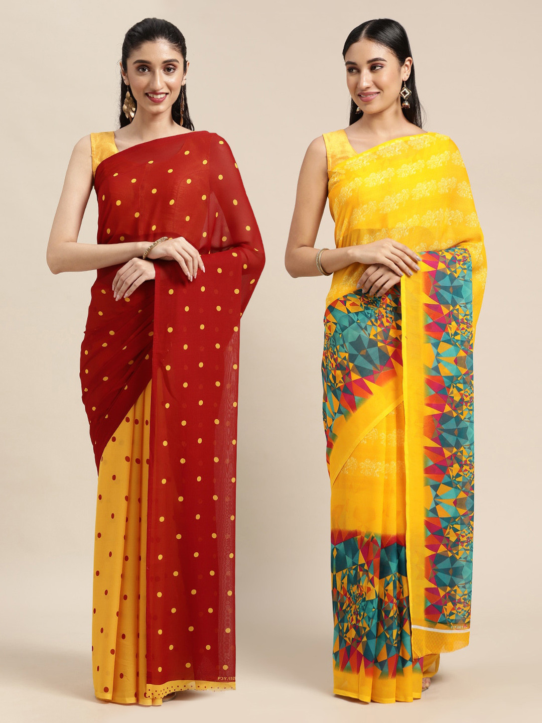

KALINI Pack Of 2 Red & Yellow Printed Sarees