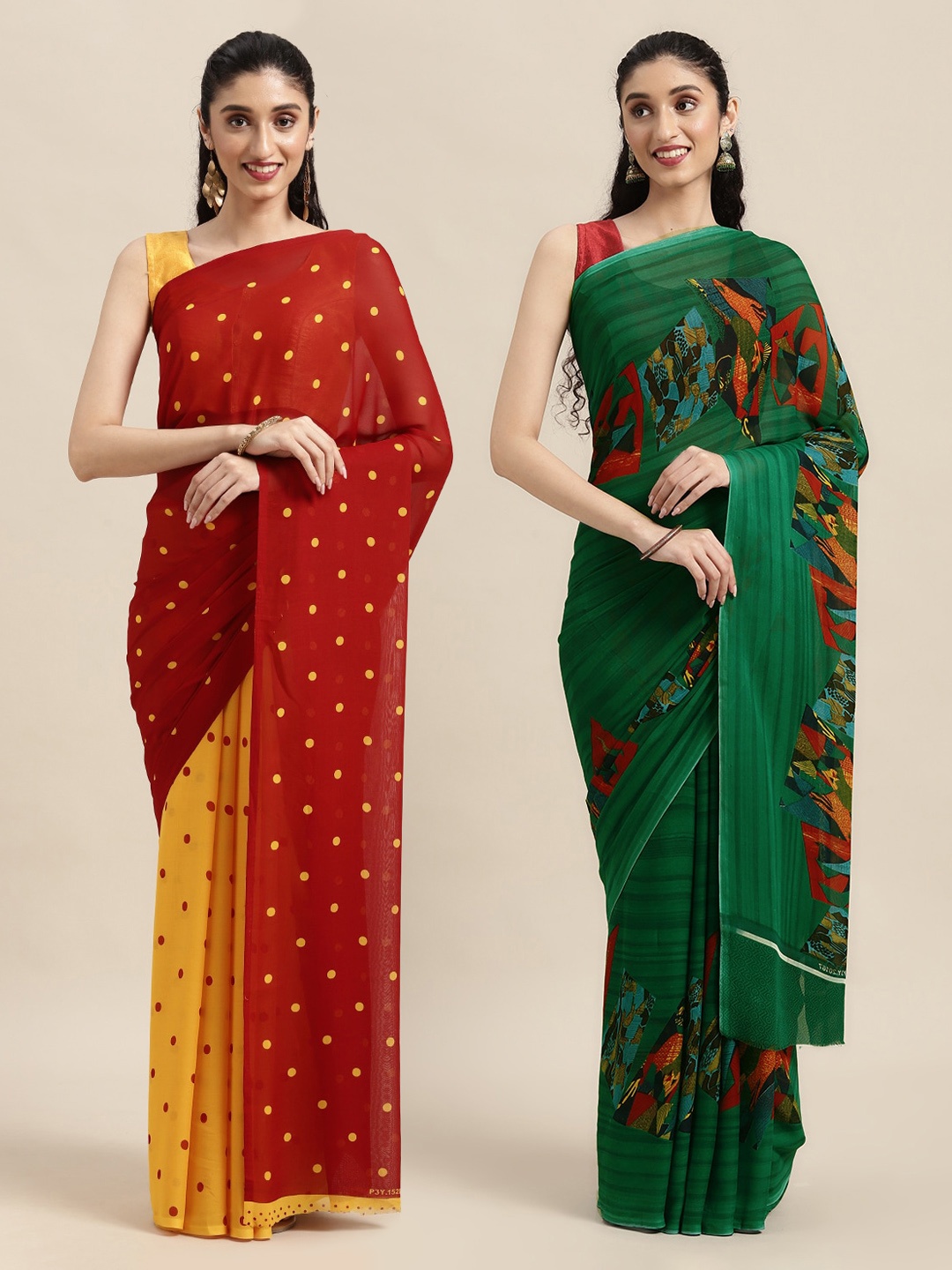 

KALINI Pack Of 2 Red & Yellow Printed Sarees