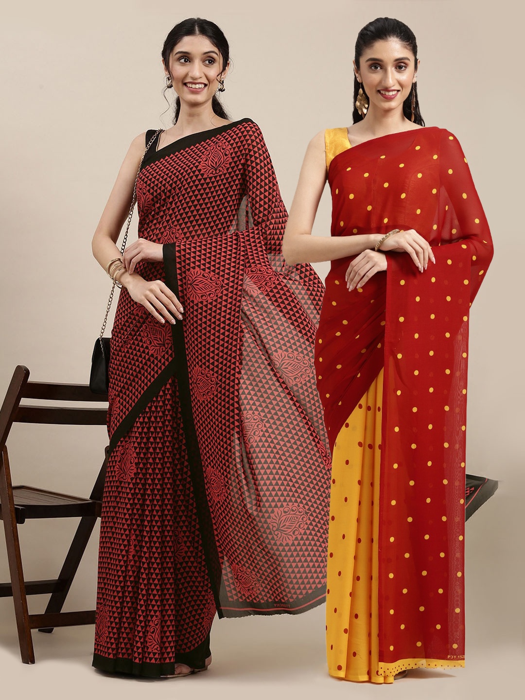 

KALINI Pack Of 2 Red & Yellow Printed Sarees