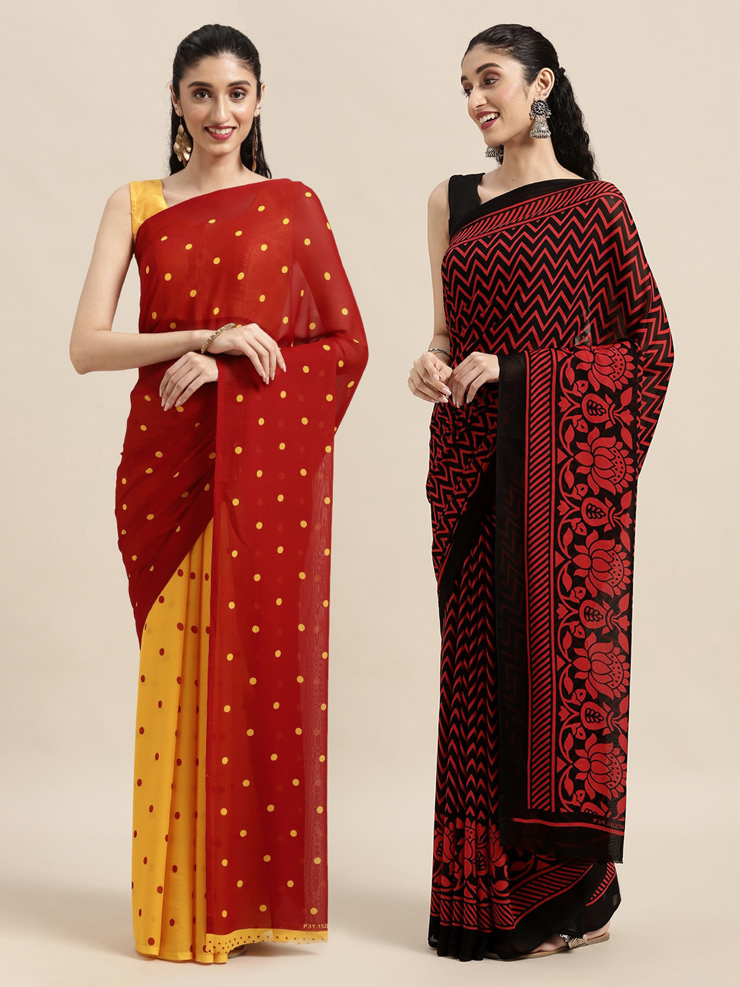 

KALINI Pack Of 2 Red & Yellow Printed Sarees