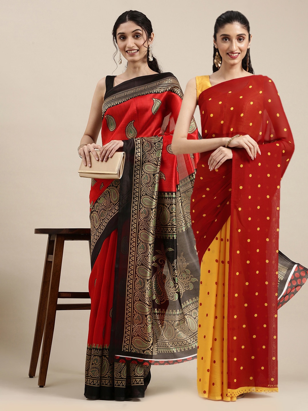 

KALINI Pack Of 2 Red & Yellow Printed Sarees