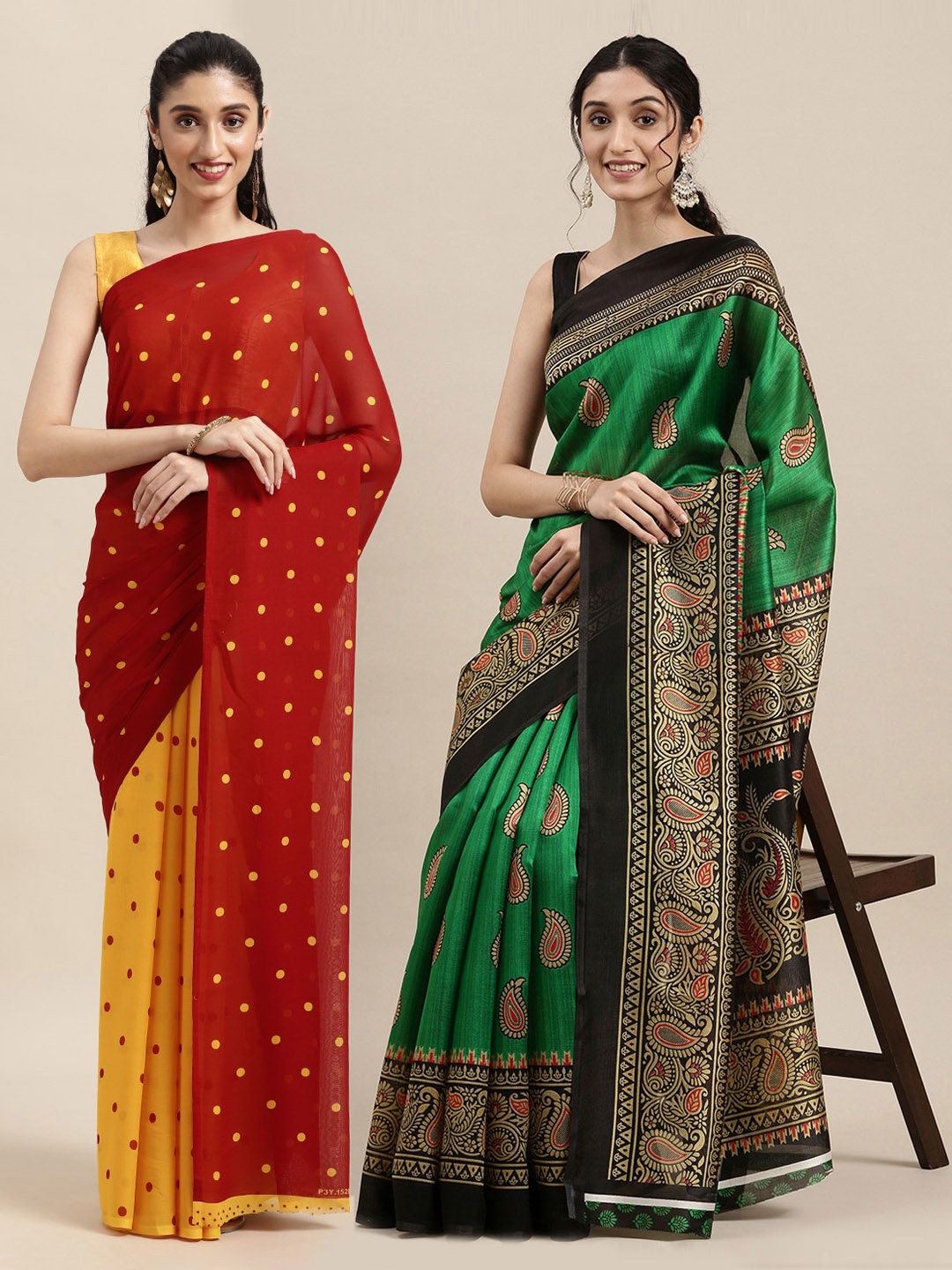 

KALINI Pack Of 2 Red & Yellow Printed Sarees