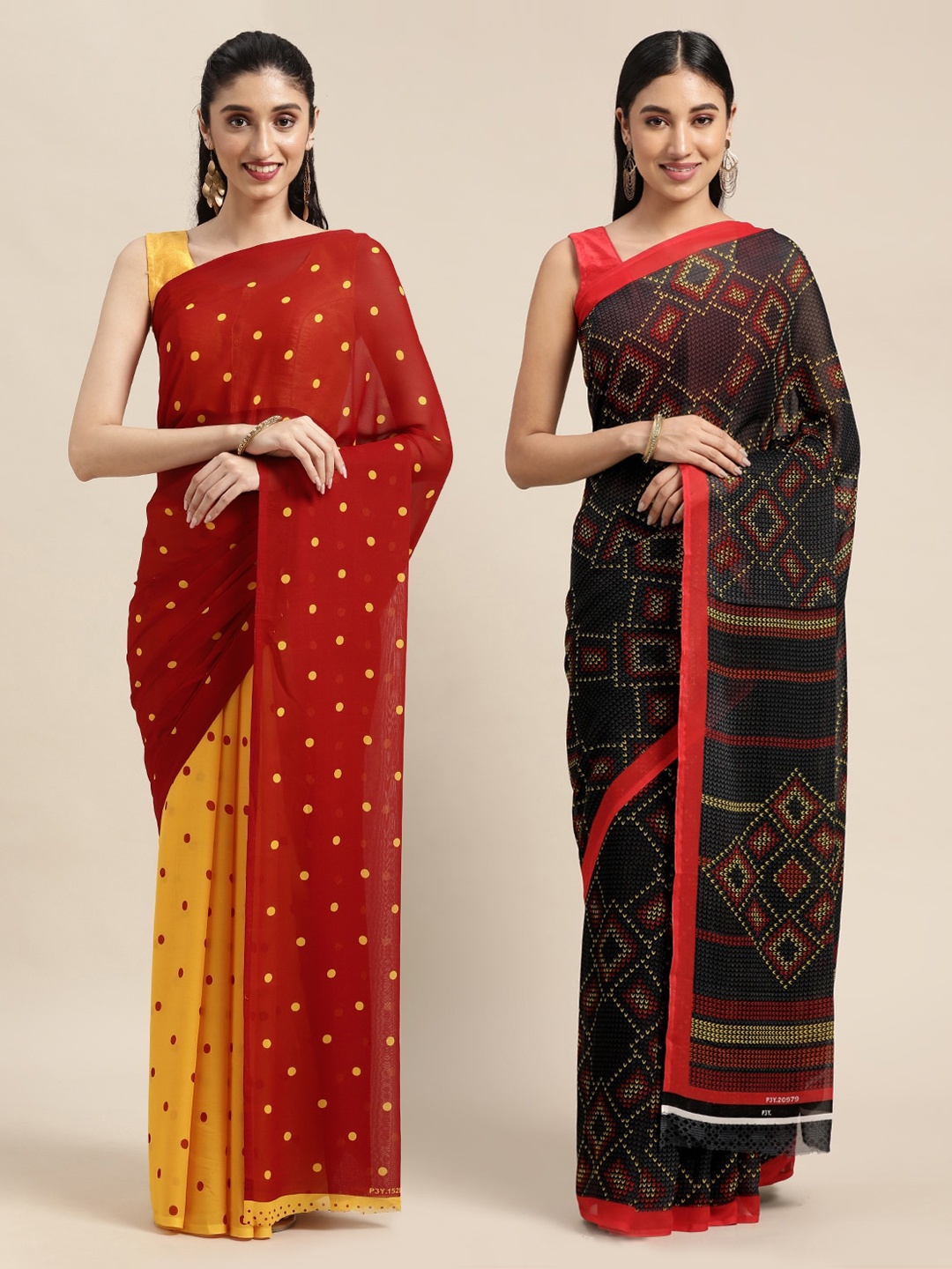 

KALINI Pack Of 2 Red & Yellow Printed Sarees