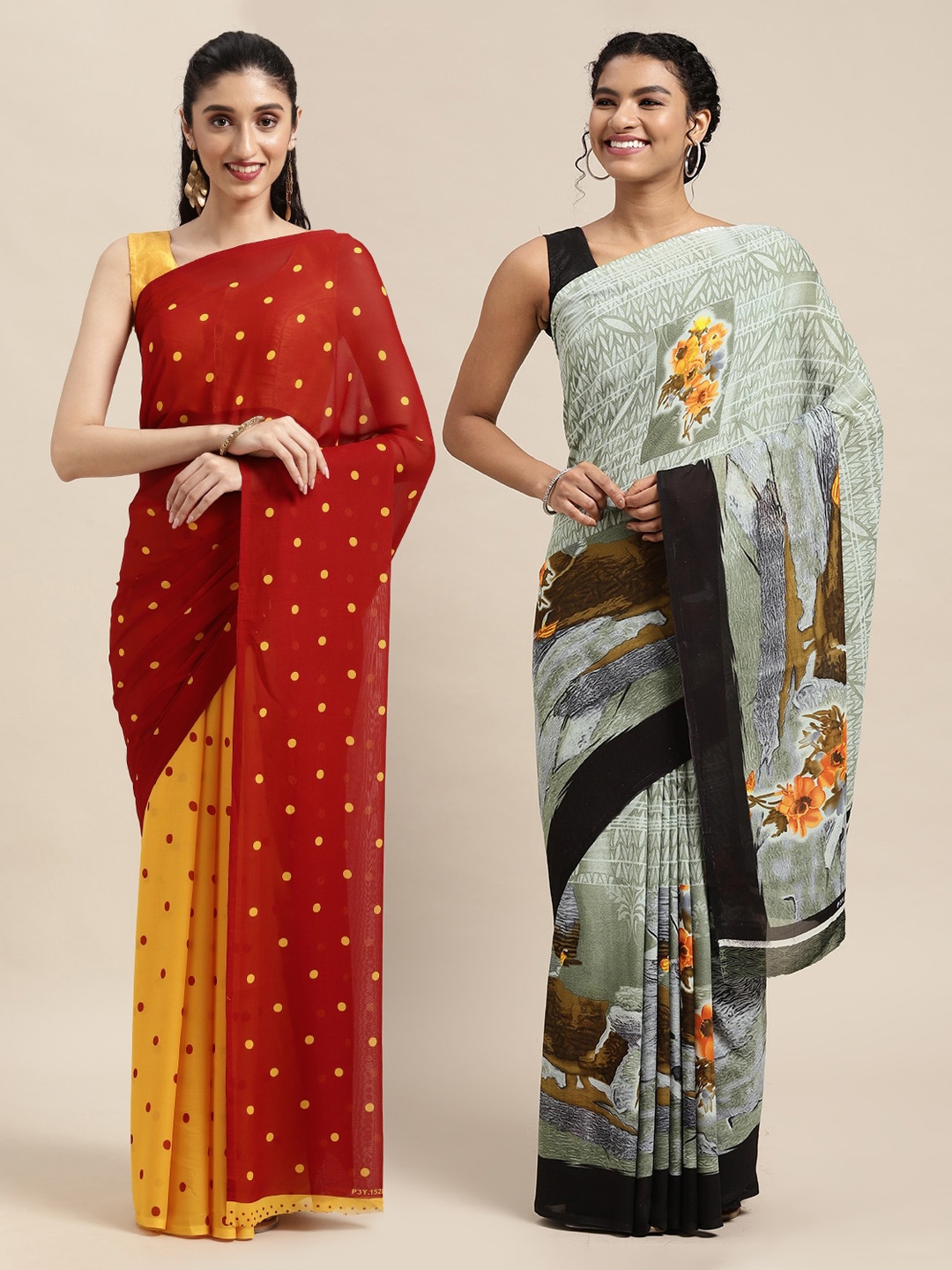 

KALINI Pack Of 2 Red & Yellow Printed Sarees