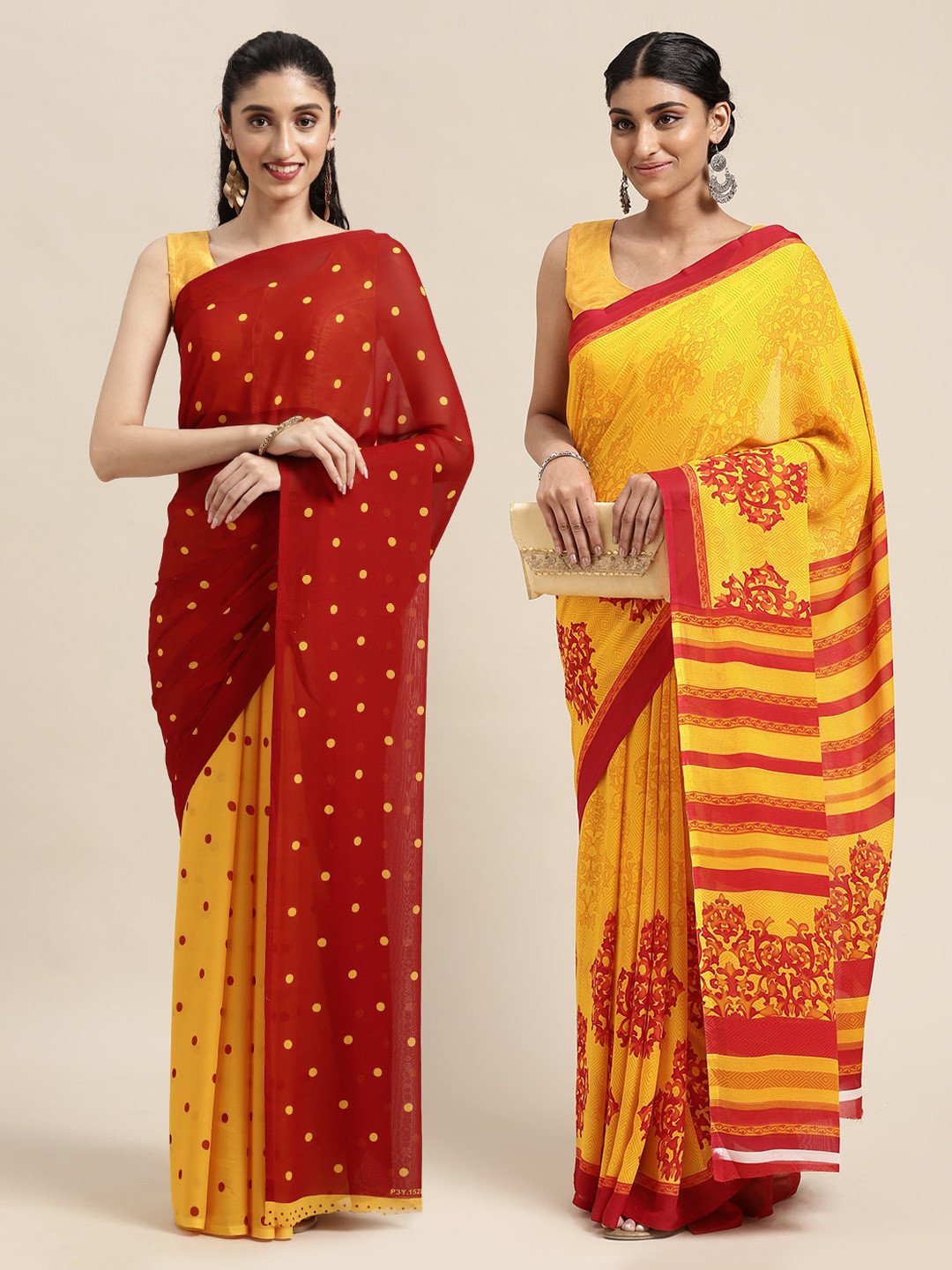 

KALINI Pack Of 2 Red & Yellow Printed Sarees