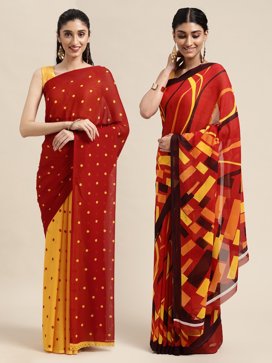 

KALINI Pack Of 2 Red & Yellow Printed Sarees