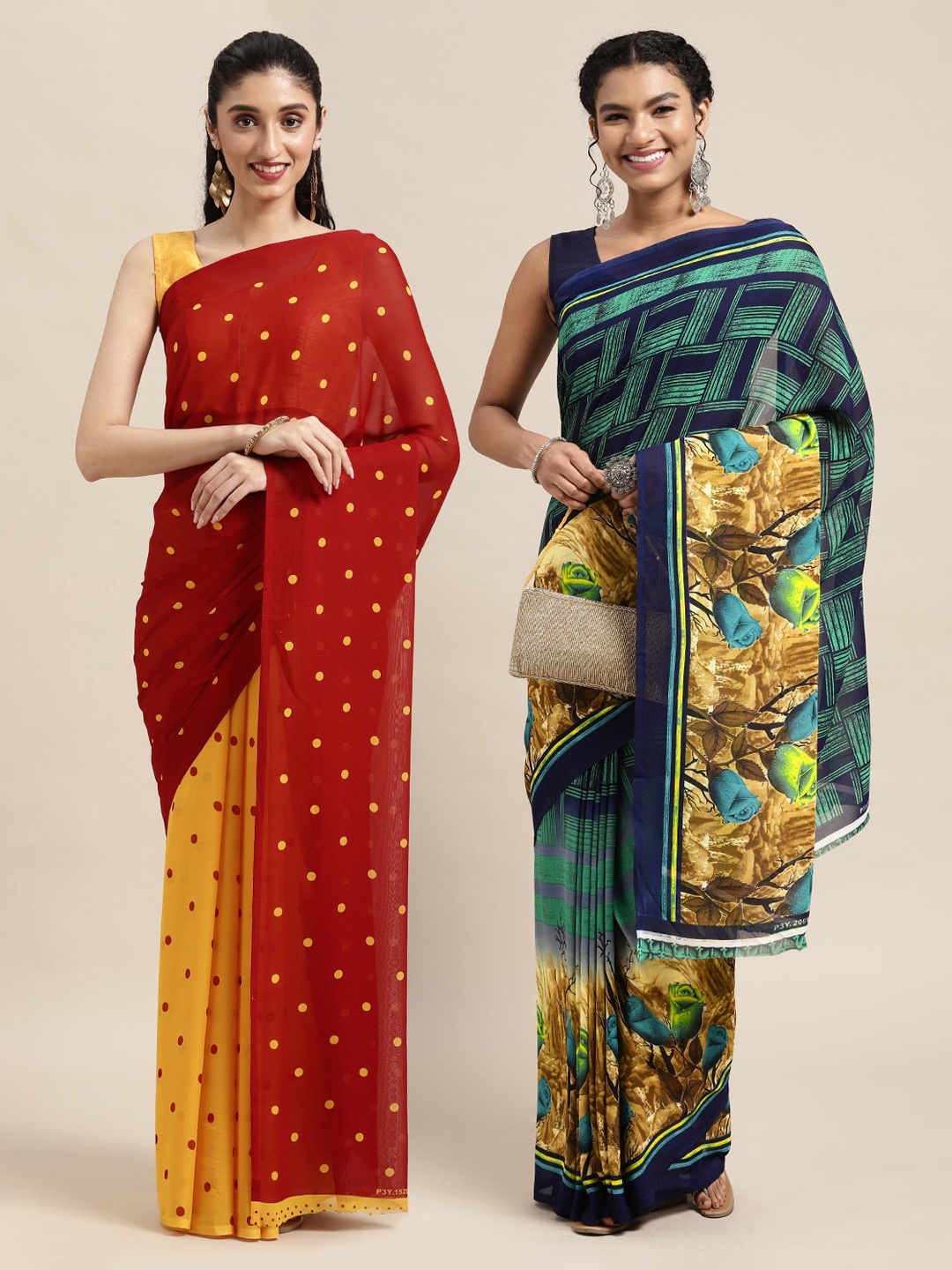

KALINI Pack Of 2 Red & Yellow Printed Sarees