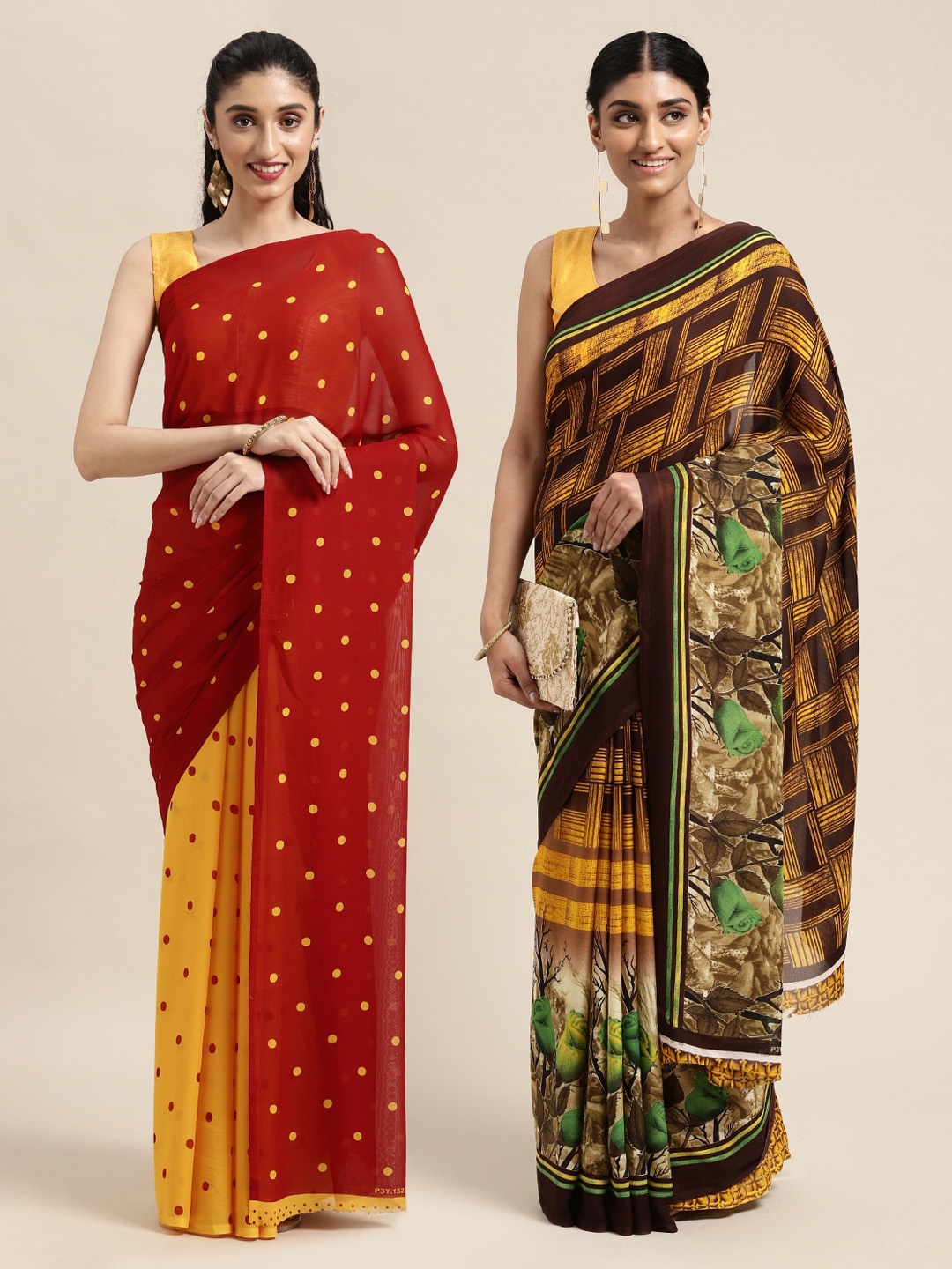 

KALINI Pack Of 2 Red & Yellow Printed Sarees