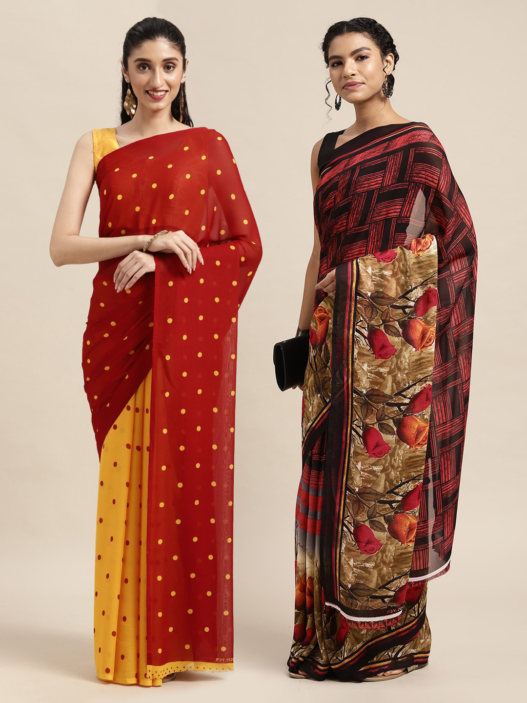 

KALINI Pack Of 2 Red & Yellow Printed Sarees