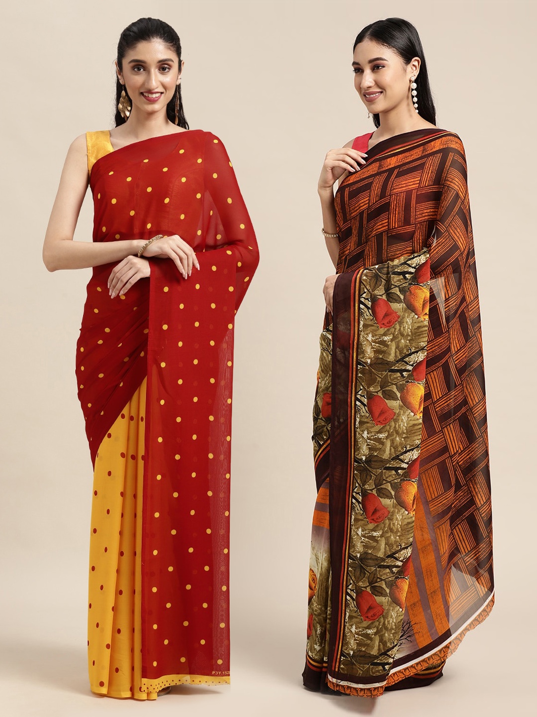

KALINI Pack Of 2 Red & Yellow Printed Sarees