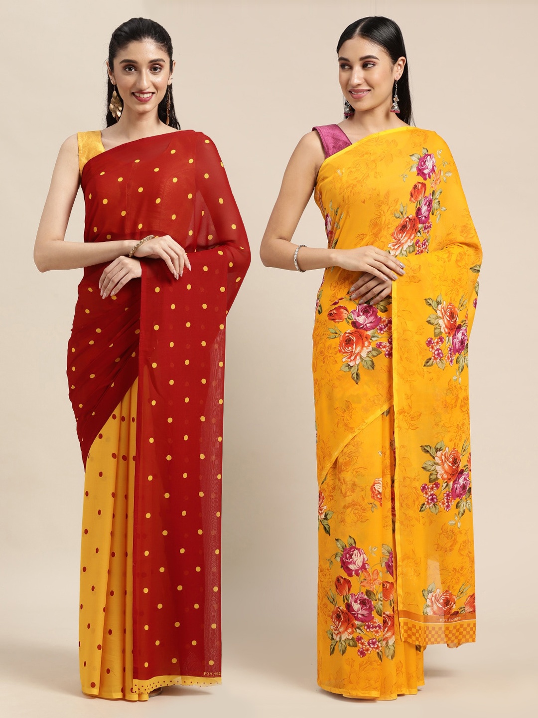

KALINI Pack Of 2 Red & Yellow Printed Sarees