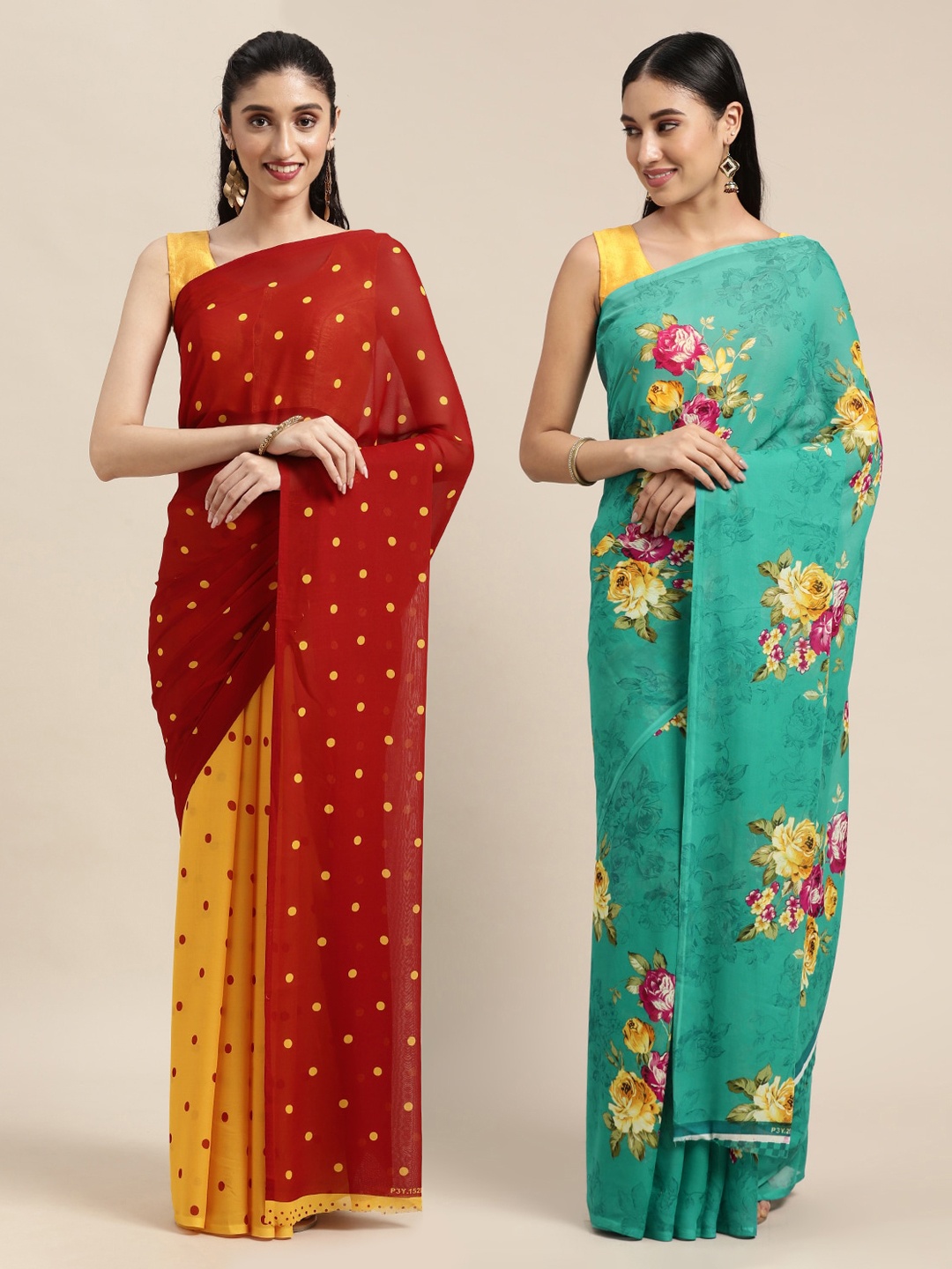 

KALINI Pack Of 2 Red & Yellow Printed Sarees