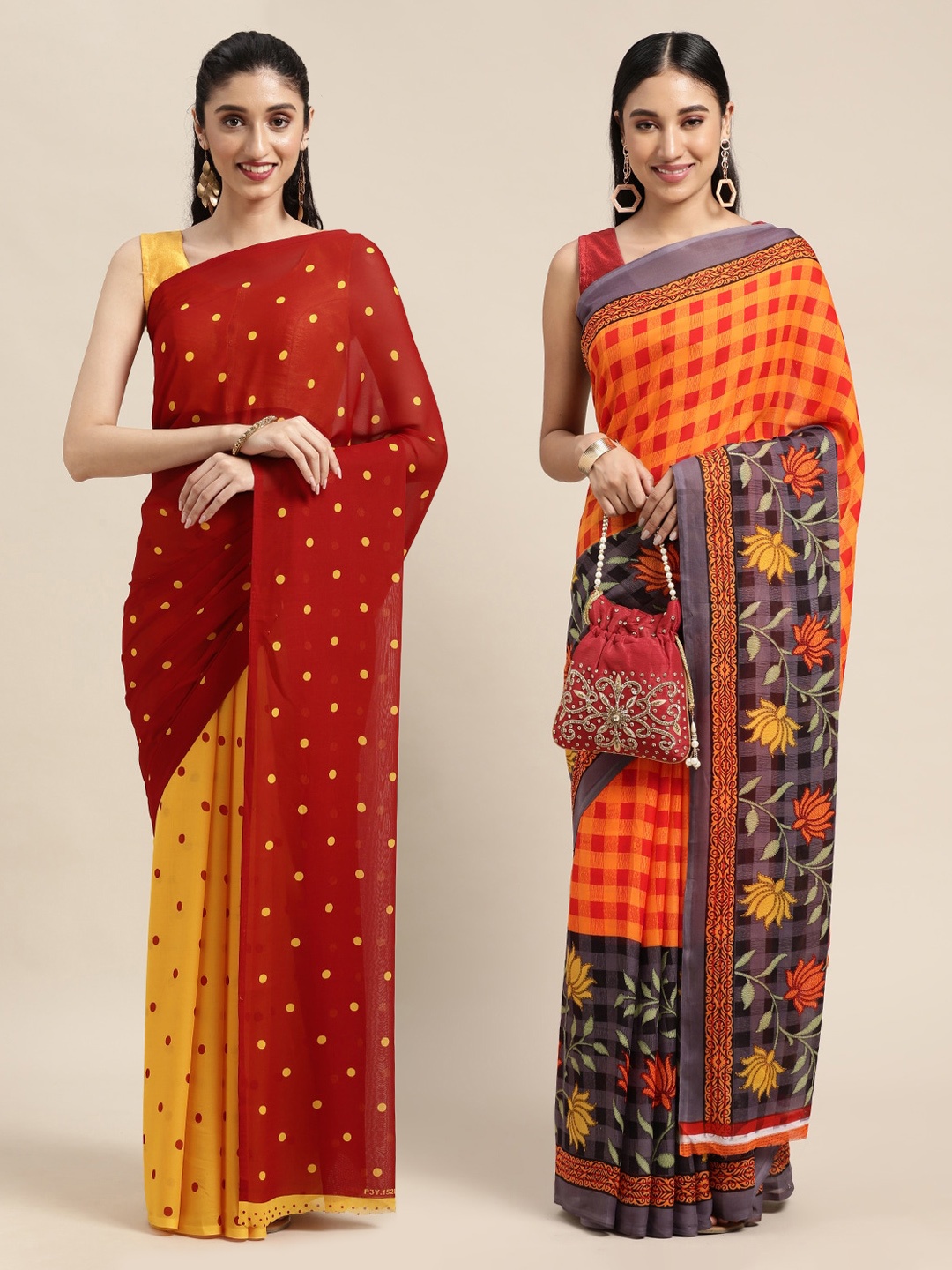 

KALINI Pack Of 2 Red & Yellow Printed Sarees