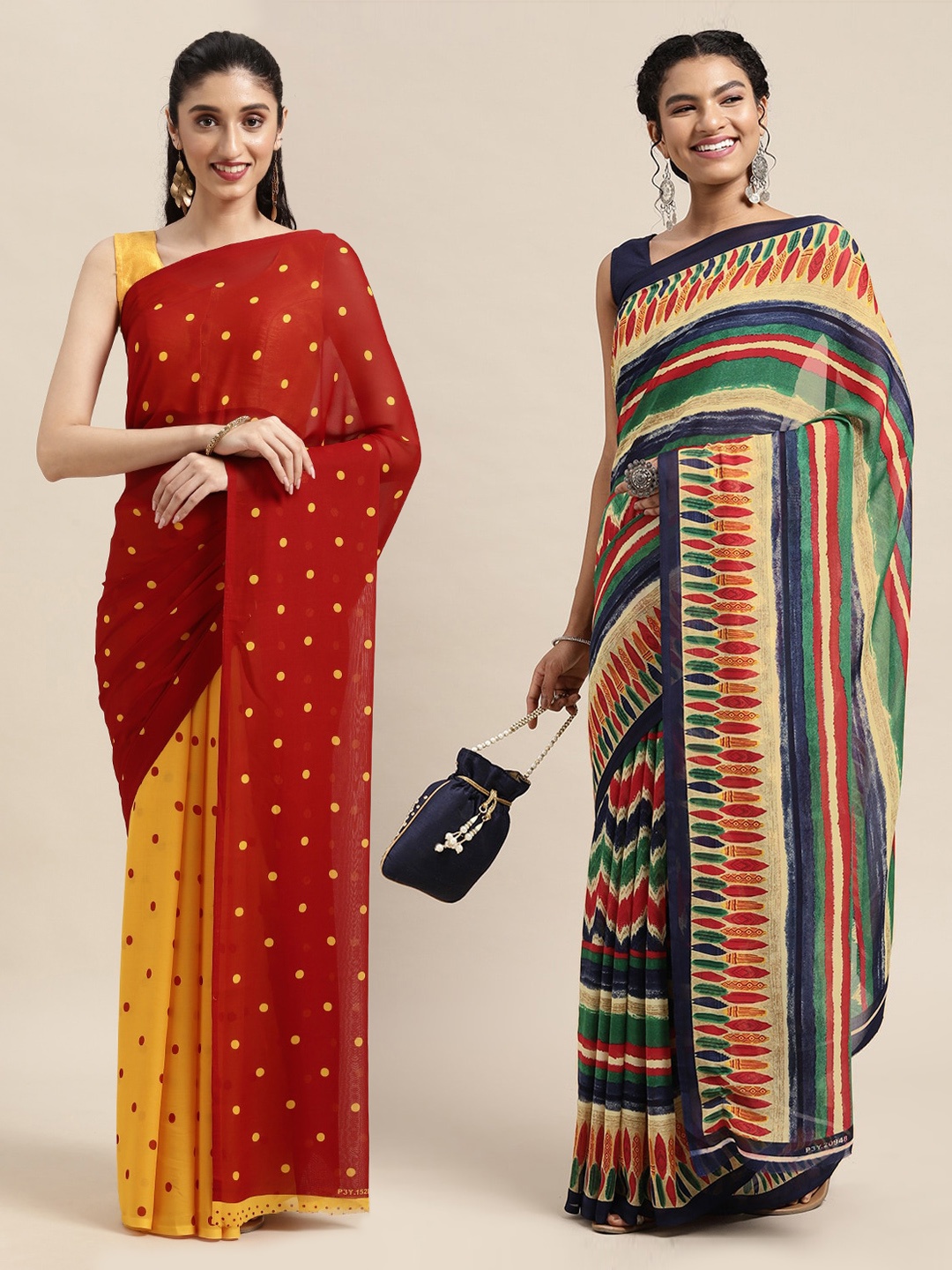 

KALINI Pack Of 2 Red & Yellow Printed Sarees