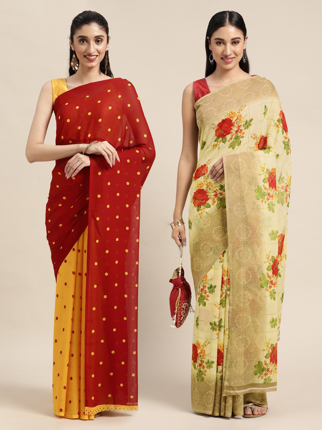 

KALINI Pack Of 2 Red & Yellow Printed Sarees