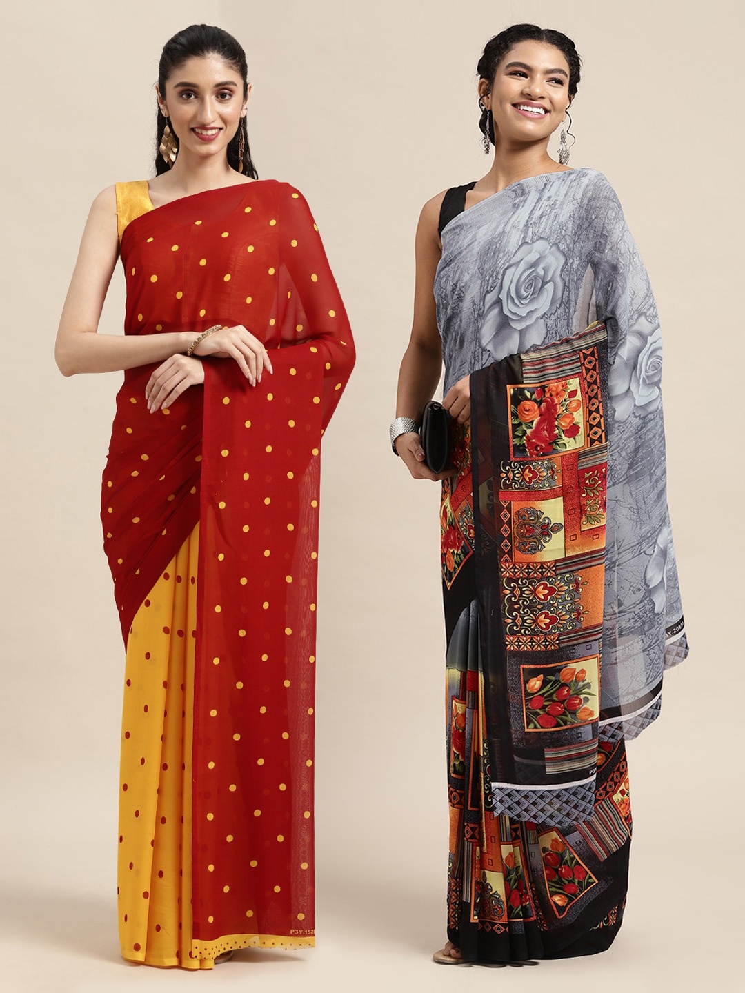 

KALINI Pack Of 2 Red & Yellow Printed Sarees
