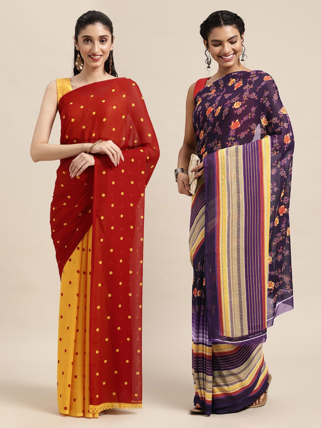 

KALINI Red & Purple Pack of 2 Printed Sarees