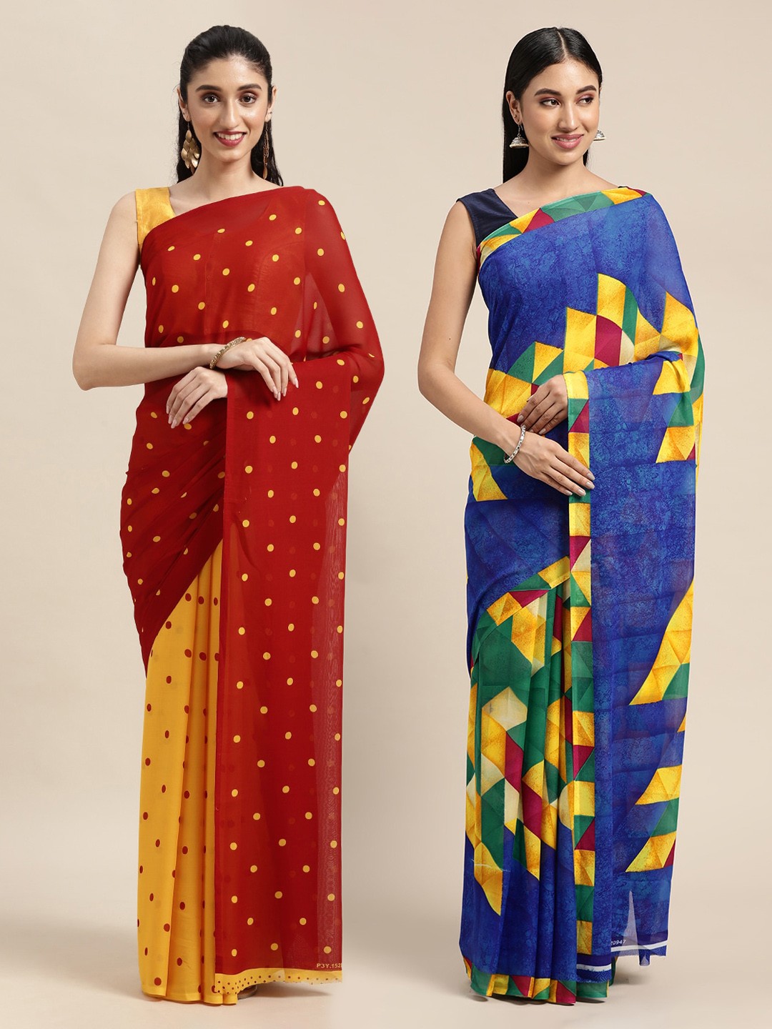 

KALINI Pack of 2 Printed Poly Georgette Sarees, Red