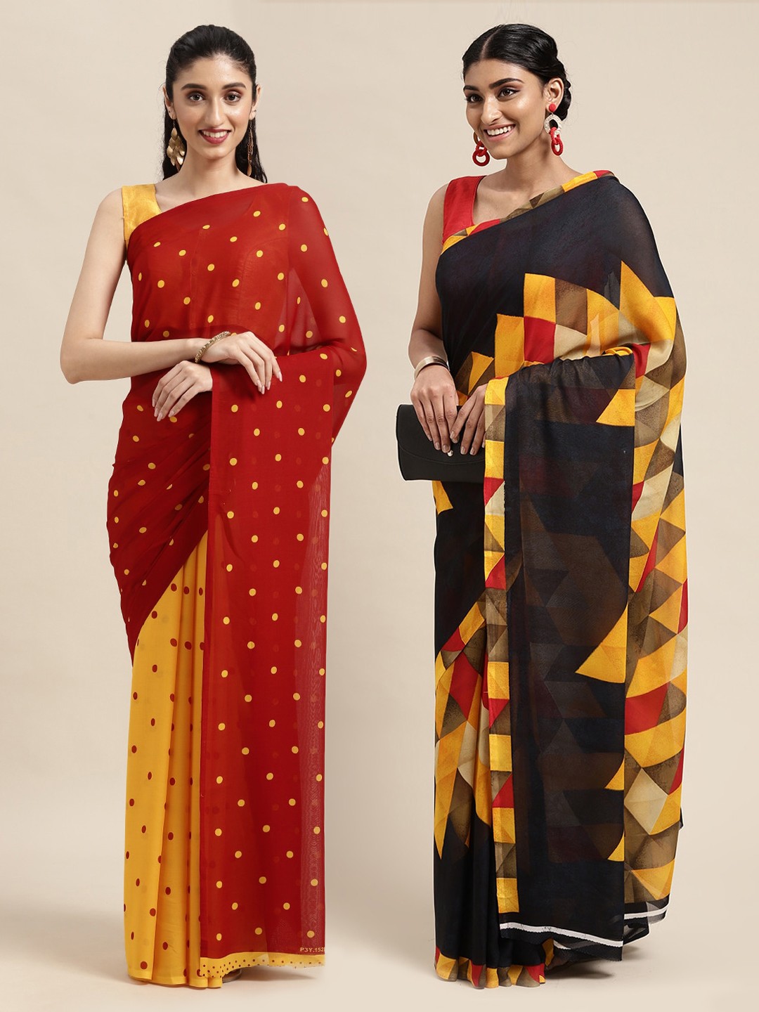 

KALINI Pack Of 2 Printed Poly Georgette Sarees, Red