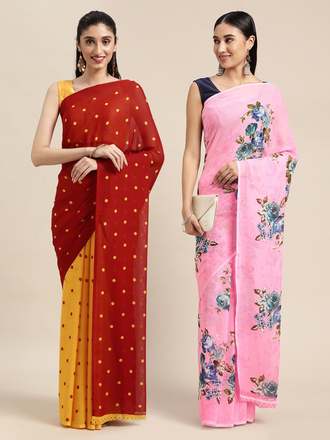 

KALINI Red & Pink Set of 2 Poly Georgette Sarees