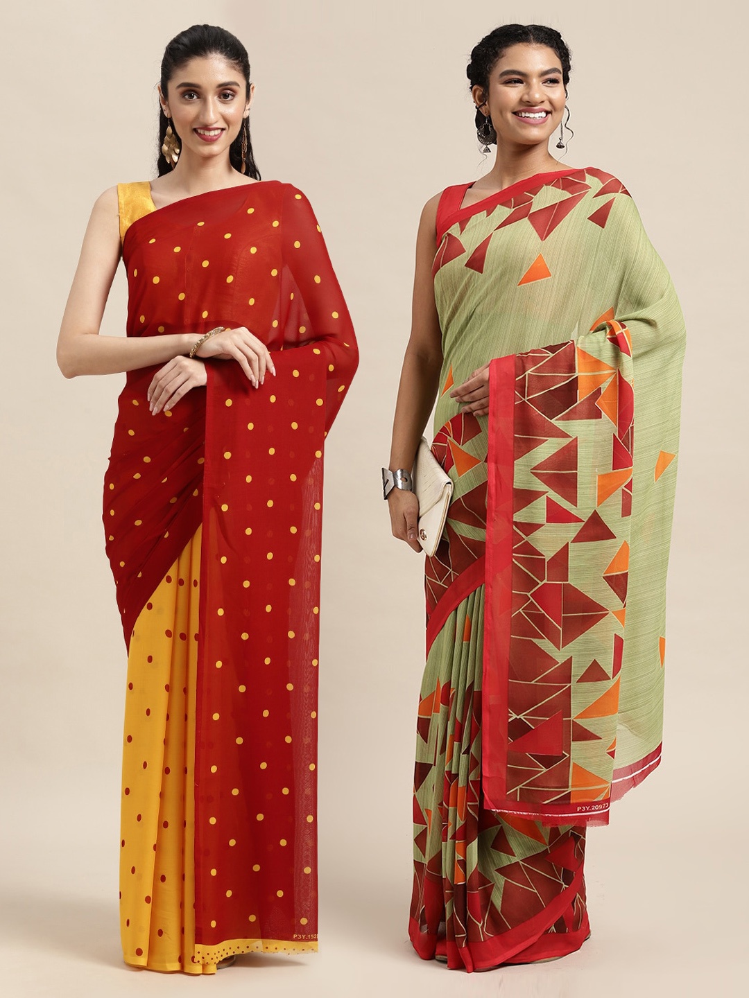 

KALINI Pack Of 2 Printed Poly Georgette Sarees, Red