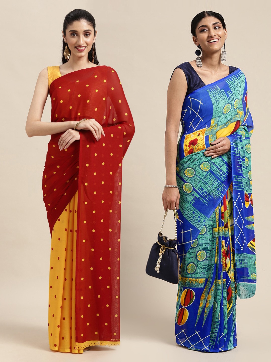 

KALINI Red & Blue Set of 2 Poly Georgette Sarees